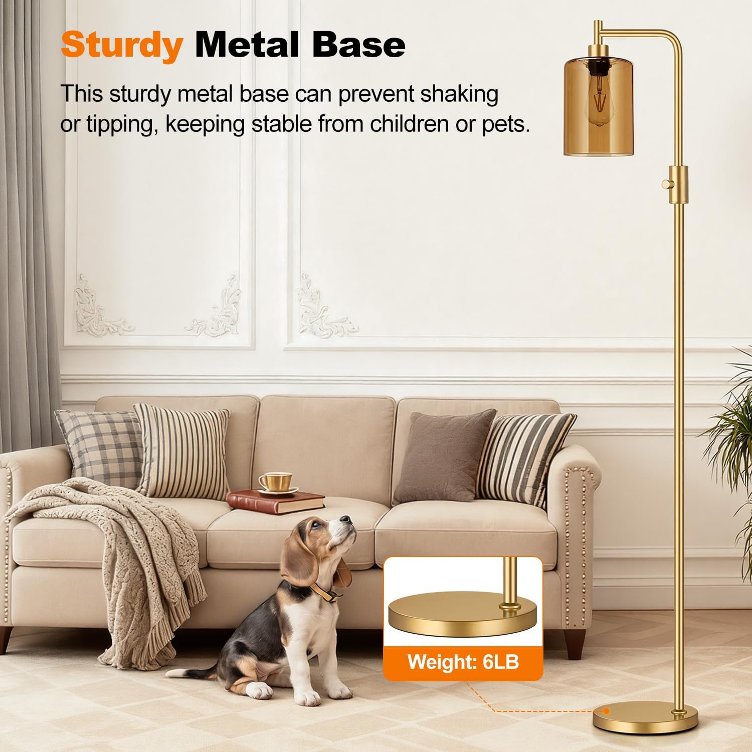 Upgraded】Gold Dimmable Floor Lamp for Living Room with Amber Glass Lampshade, Glass Modern Floor Lamp with 900LM Bulb Included, Bright…