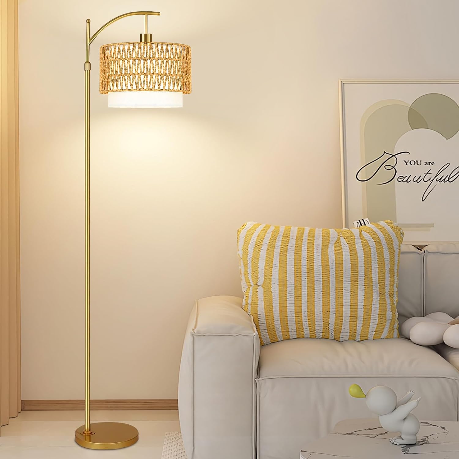 Gold Floor Lamps for Living Room Rattan Boho Floor Lamp with Remote Control & 3 Color Temperature, Dimmable Arc Floor Lamps Wicker Lamp…