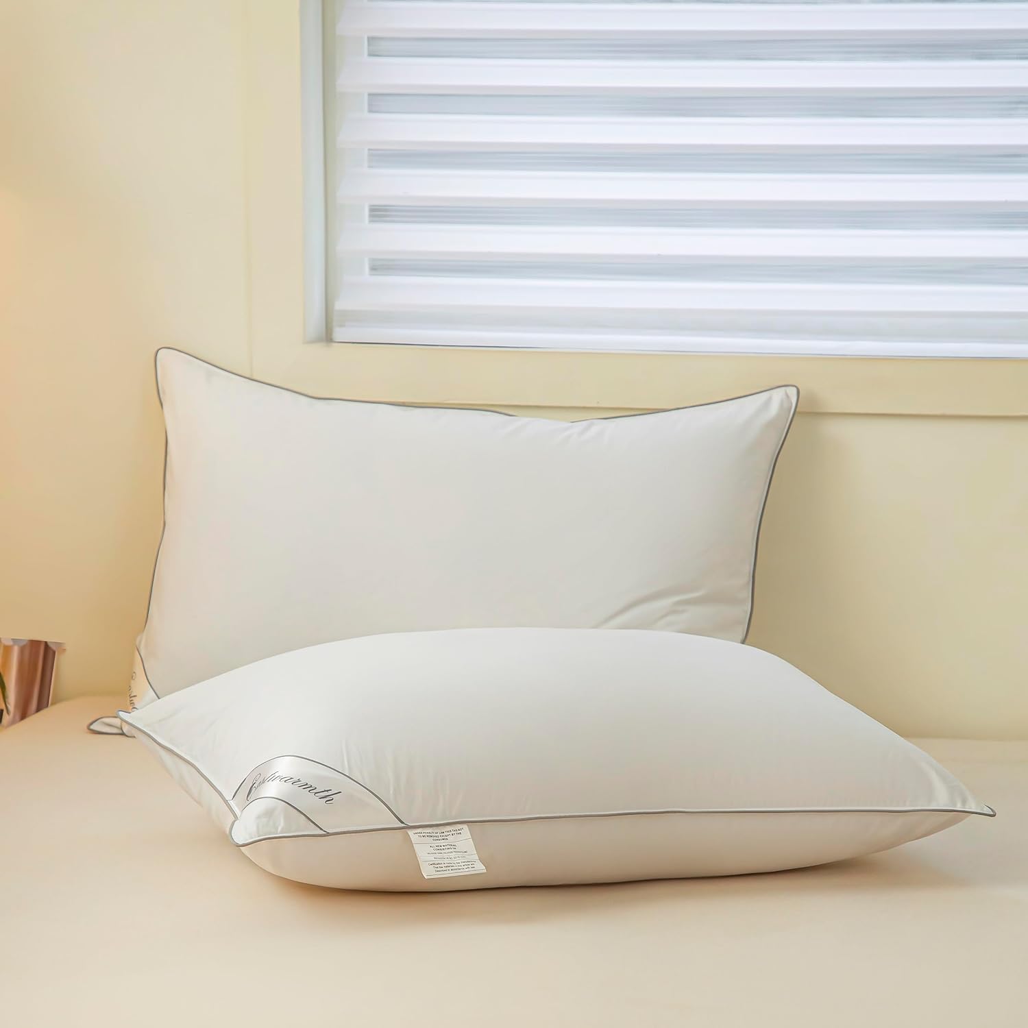 Eastwarmth Goose Feathers Down Pillows for Sleeping, Hotel Collection Bed Pillow with Grey Piping Queen Size (20X30IN) 1 Pack 1 Pack 44oz C…