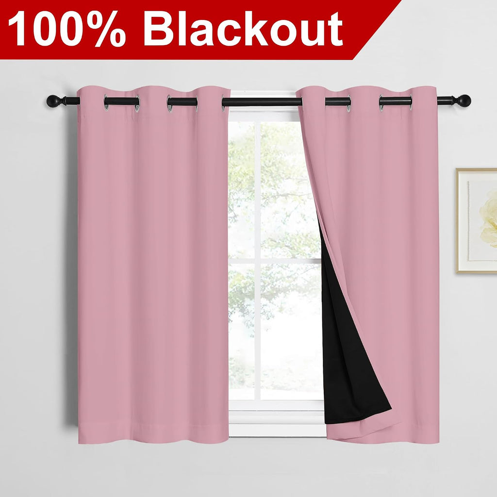 Nicetown Crystal Pink 100% Blackout Curtains 45 inches Long, Thermal Insulated Full Blackout 2-Layer Lined Curtains, Energy Efficiency Wind…