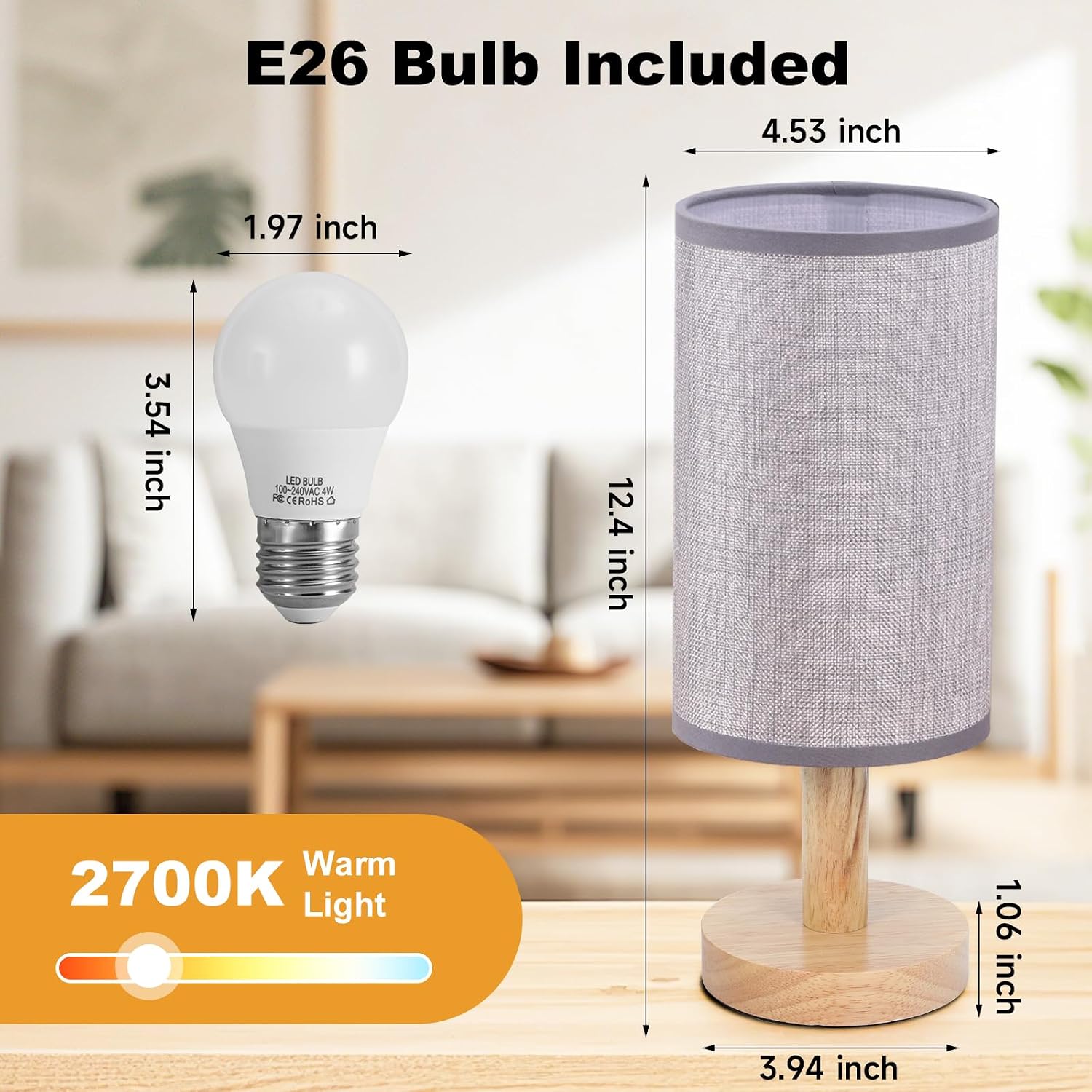 Gray Small Bedside Table Lamp for Bedroom, Natural Round Wood Base&Fabric Linen Shade, Cozy Night Table Light for Study Reading, Minimalist…