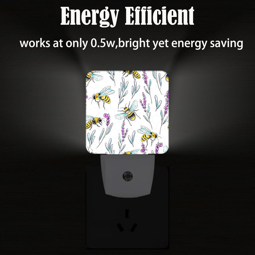 Bees and Lavender Flowers Night Light, Plug-in Night Lights with Dusk-to-Dawn Sensor for Stairway, Hallway, Bedroom Sleep Friendly Ideal for…