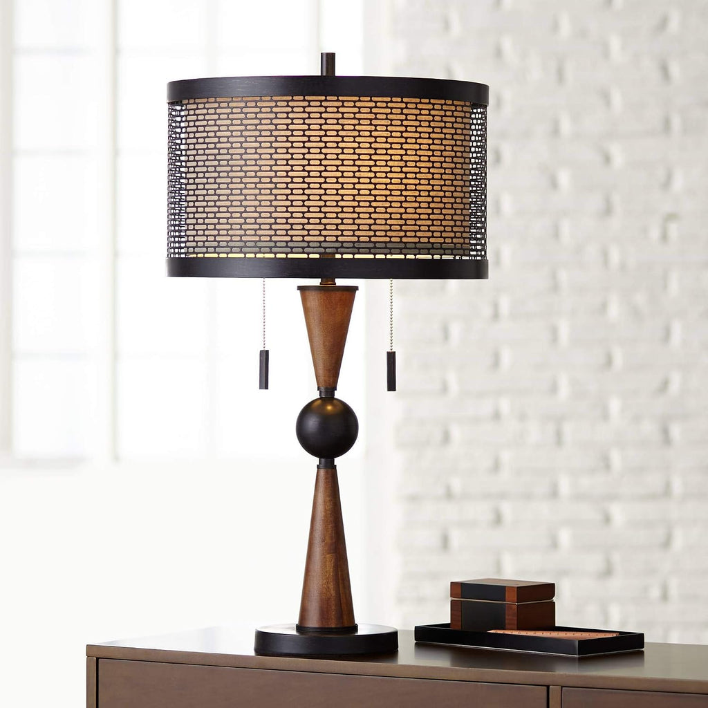 Franklin Iron Works Hunter Rustic Farmhouse 3-Way Table Lamp with Table Top Dimmer 29.75" Tall Bronze Cherry Wood Finish Double Drum…