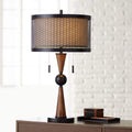 Franklin Iron Works Hunter Rustic Farmhouse 3-Way Table Lamp with Table Top Dimmer 29.75" Tall Bronze Cherry Wood Finish Double Drum…