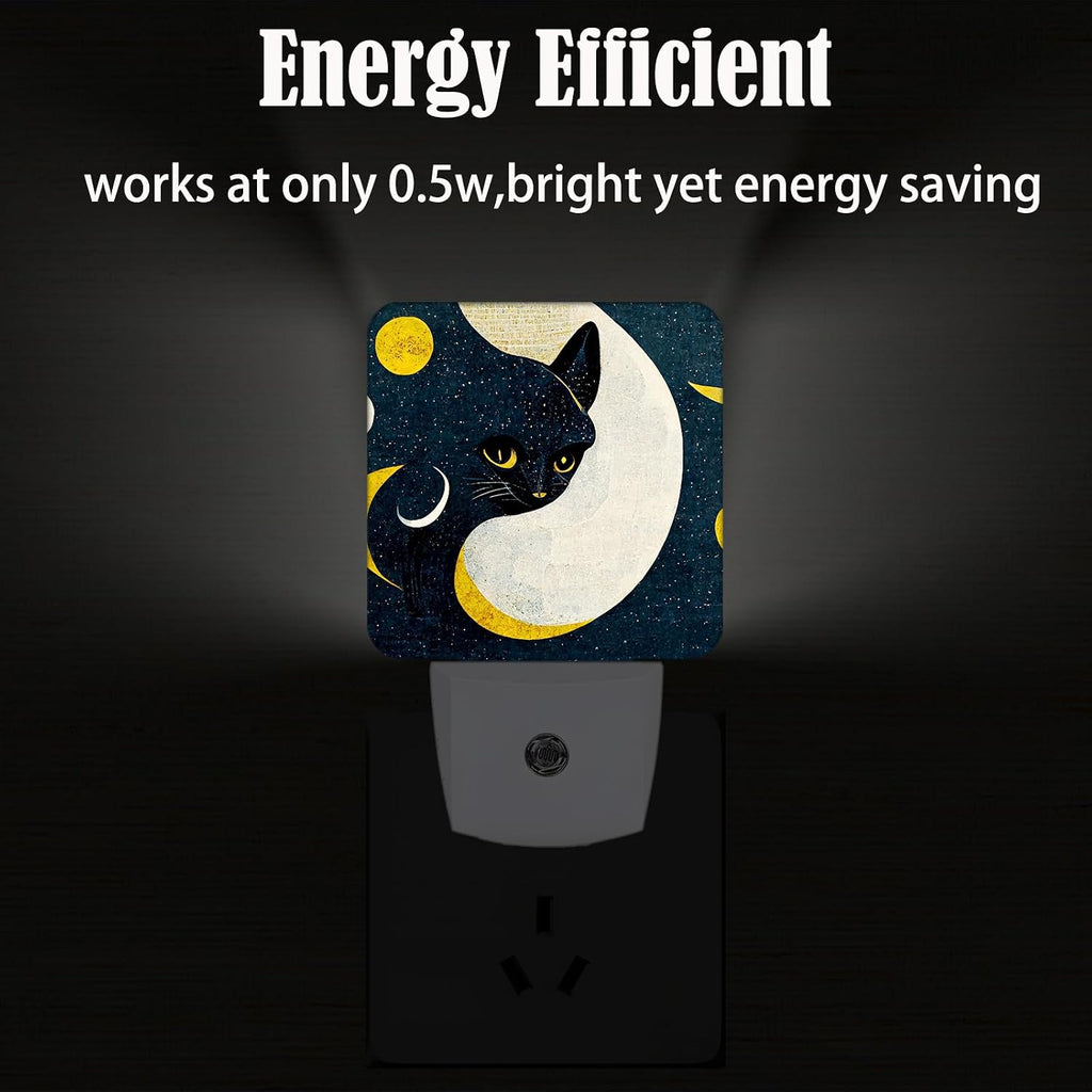 Black Cat Moon Night Light, Plug Into Wall for Boys Girls Bedroom Decorative Square Night Light Lamp 0.5w Sleep Friendly