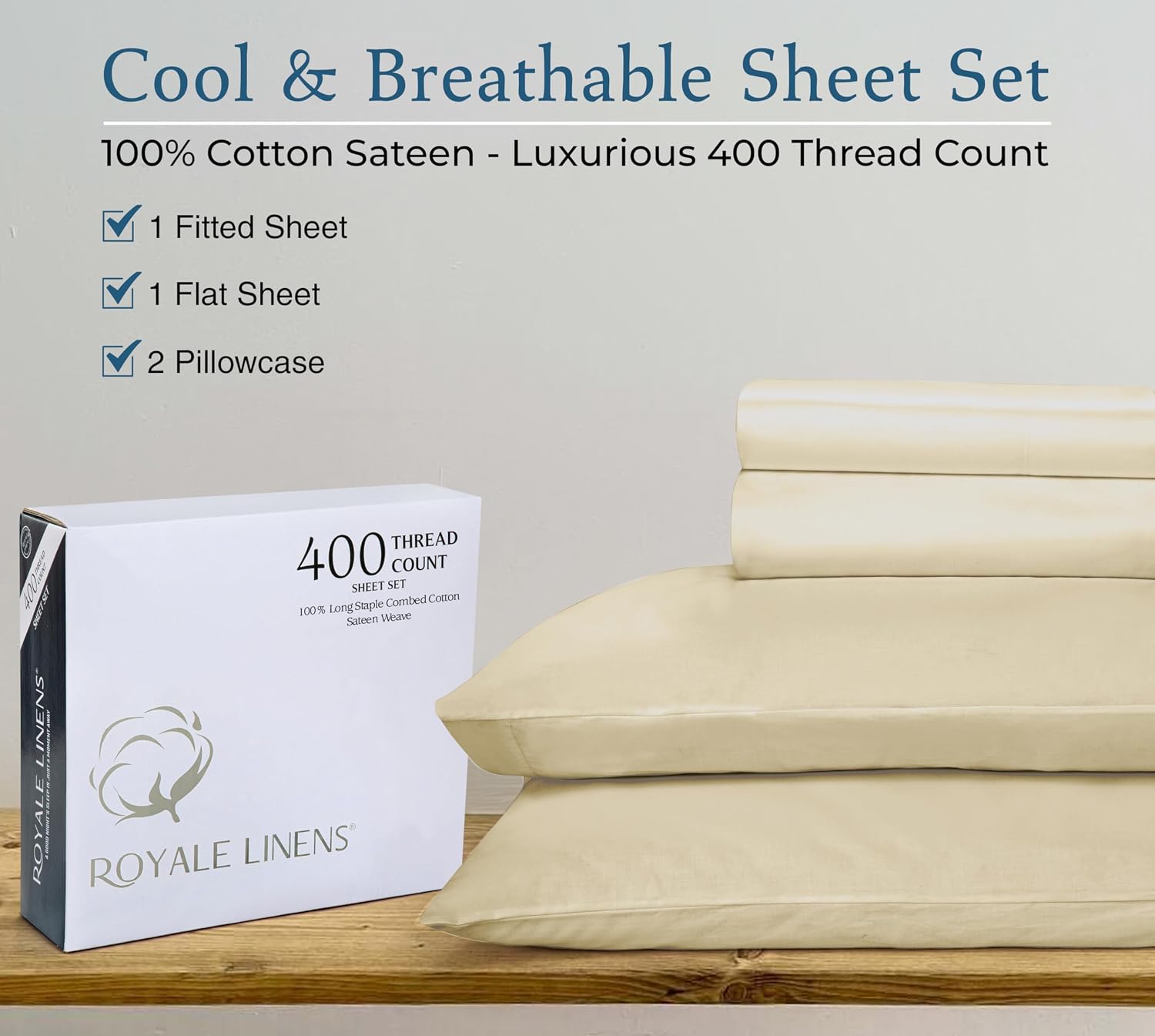 Royalelinens ROYALE LINENS 400 Thread Count 100% American Grown Cotton 4 Piece Sateen King Sheet Set - 1 Fitted Sheet, 1 Flat Sheet, 2 Pill…
