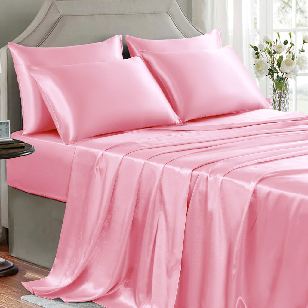 Golal Satin Sheets Full Size - 6 Pieces Luxury Silky Soft Bed Sheets, Wrinkle-Free Light Pink Satin Silk Sheet Set with 1 Deep Pocket Fitte…