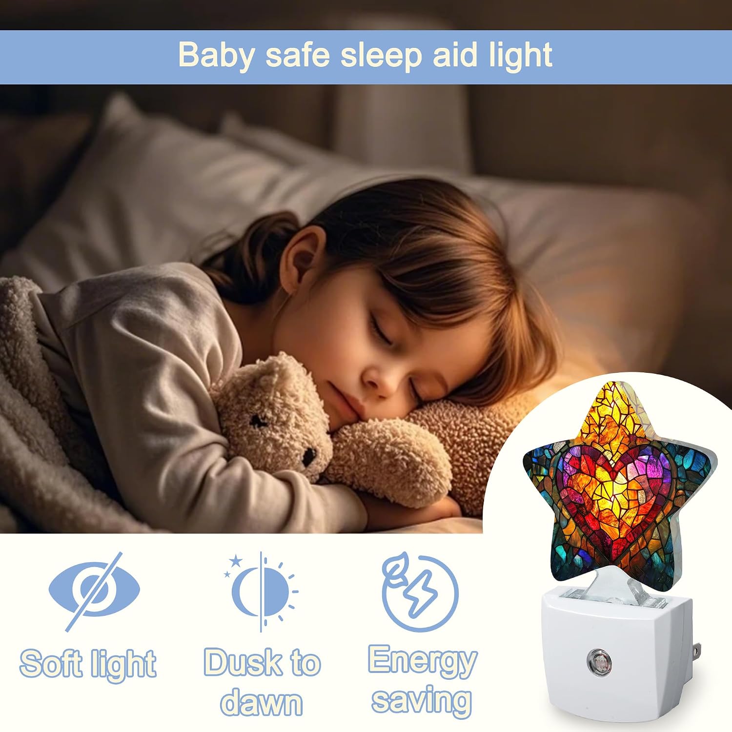 Snowmolle Love Heart Stained Glass Night Lights Plug Into Wall, Abstract Star Night Light for Kids, Nightlight with Dusk to Dawn Smart Sensor…