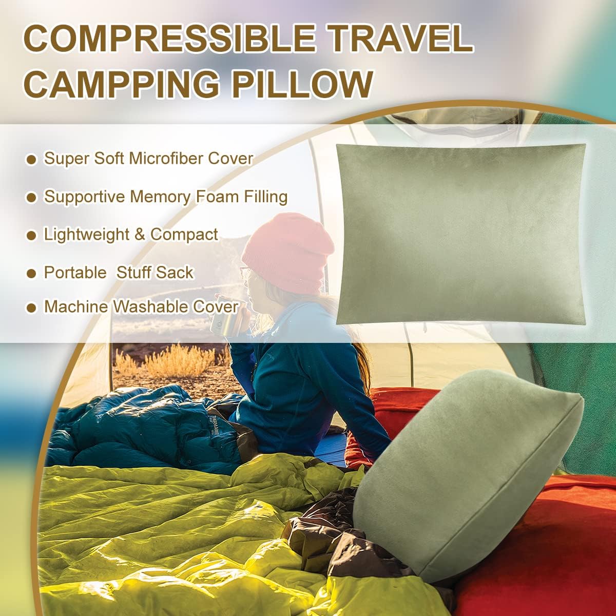 Ivellow Memory Foam Travel Pillow Compressible Camping Pillow for Sleeping Shredded Memory Foam Pillow Compact Firm Supportive Travel Pillo…