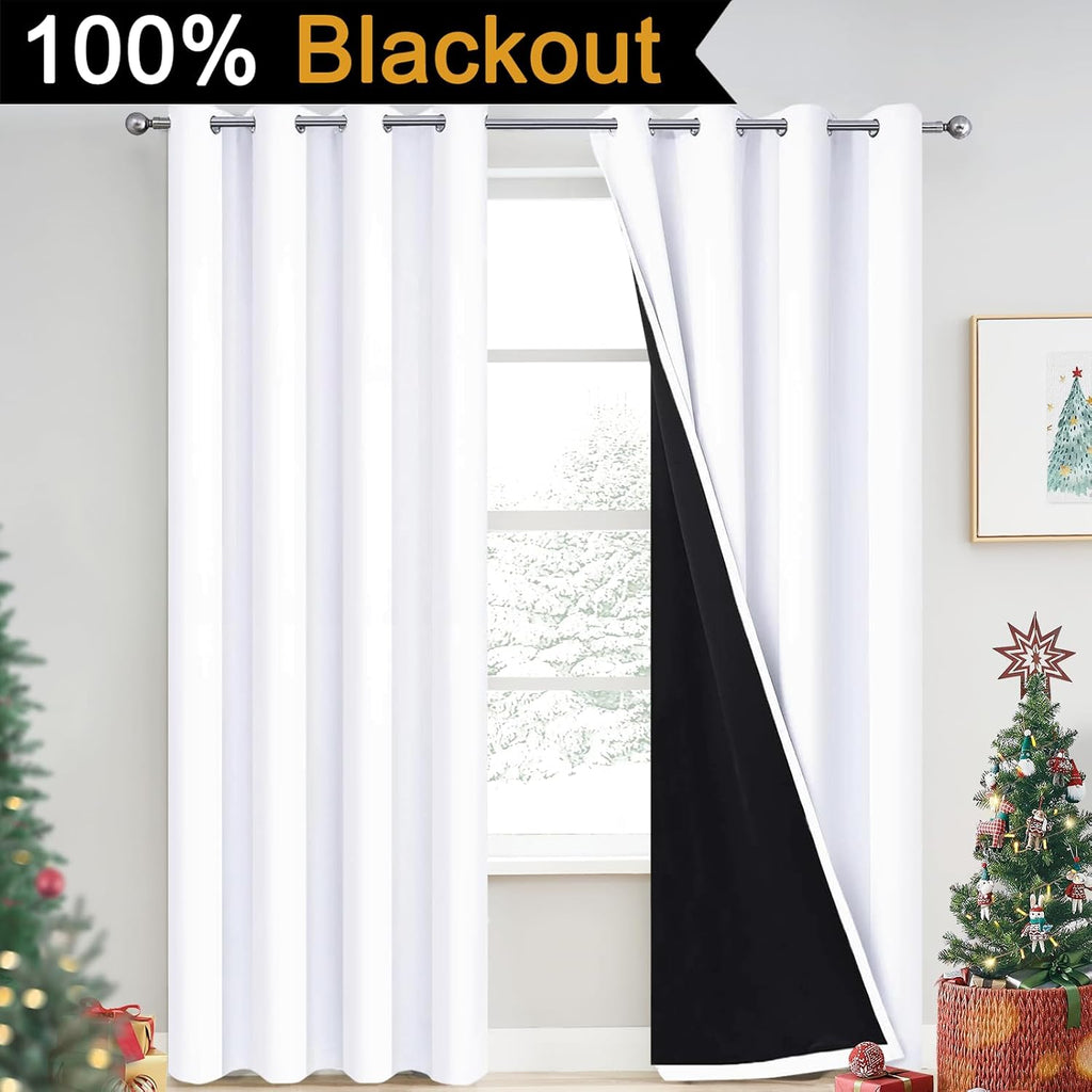 Yakamok Pure White 100% Blackout Curtains, 2 Thick Layers Completely Blackout Curtains Thermal Insulated Noise Reducing Drapes for Bedroom(…