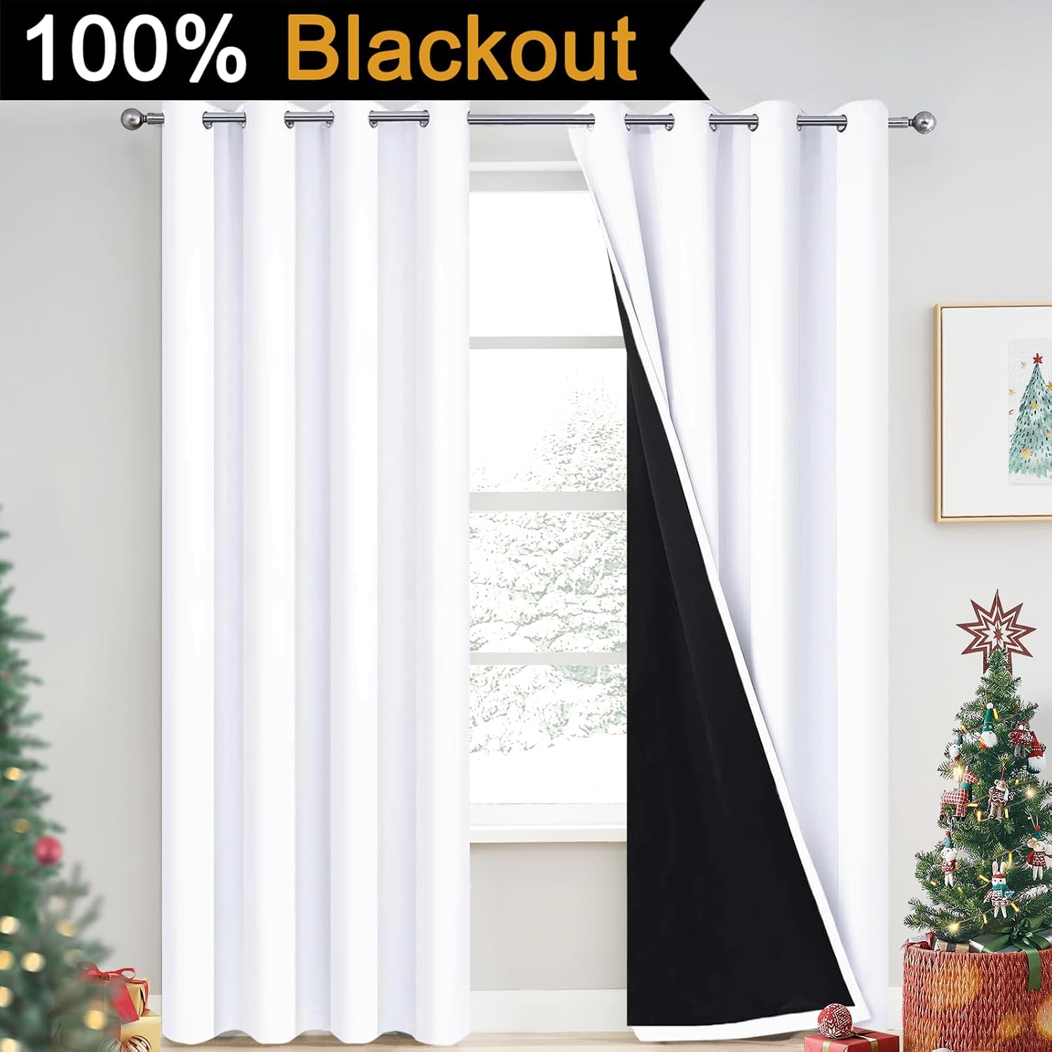 Yakamok Pure White 100% Blackout Curtains, 2 Thick Layers Completely Blackout Curtains Thermal Insulated Noise Reducing Drapes for Bedroom(…