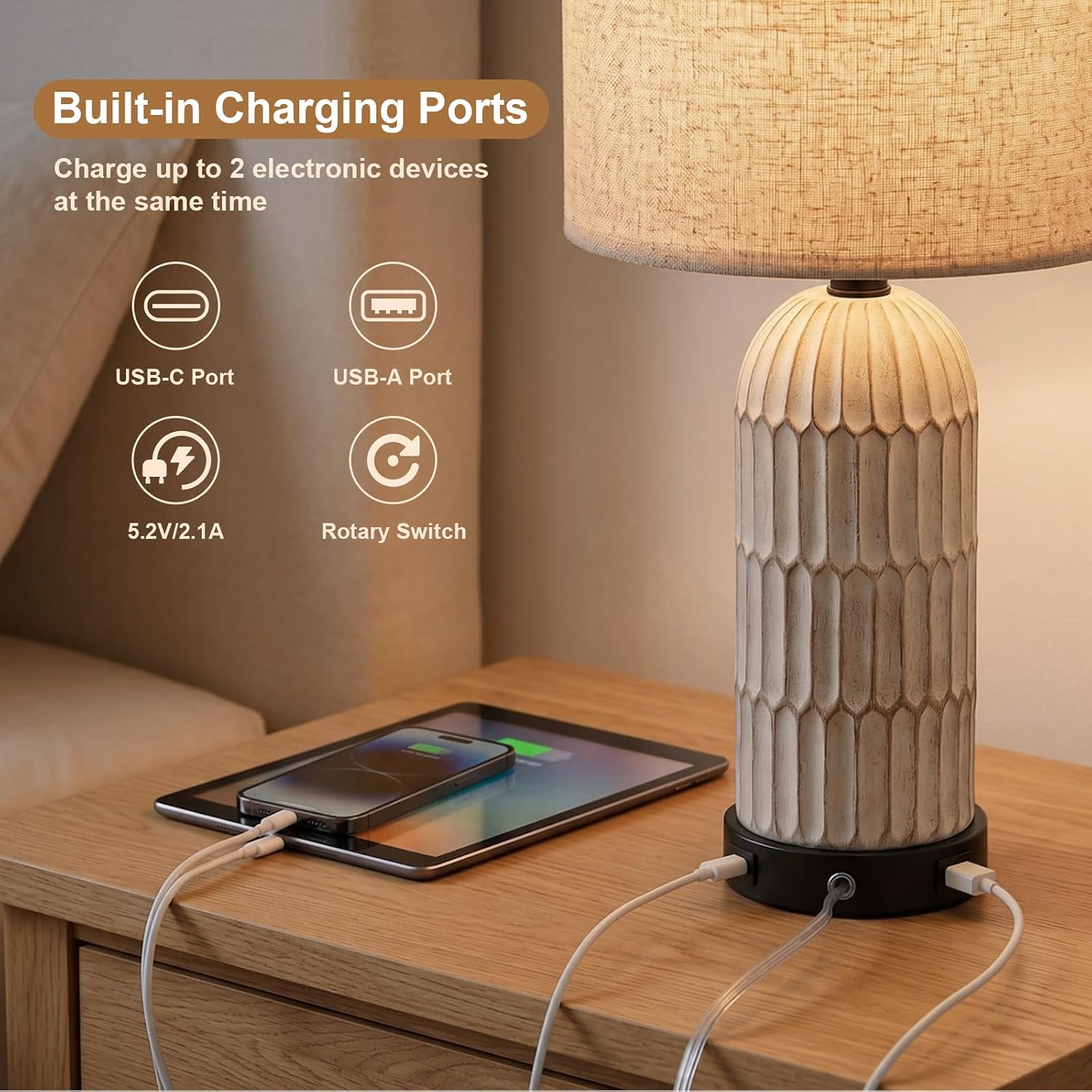 OYEARS 22.5" Bedside Table Lamps Set of 2, Farmhouse Table Lamp with USB A+C Charging Ports, Vintage Nightstand Lamp for Bedrooms and…