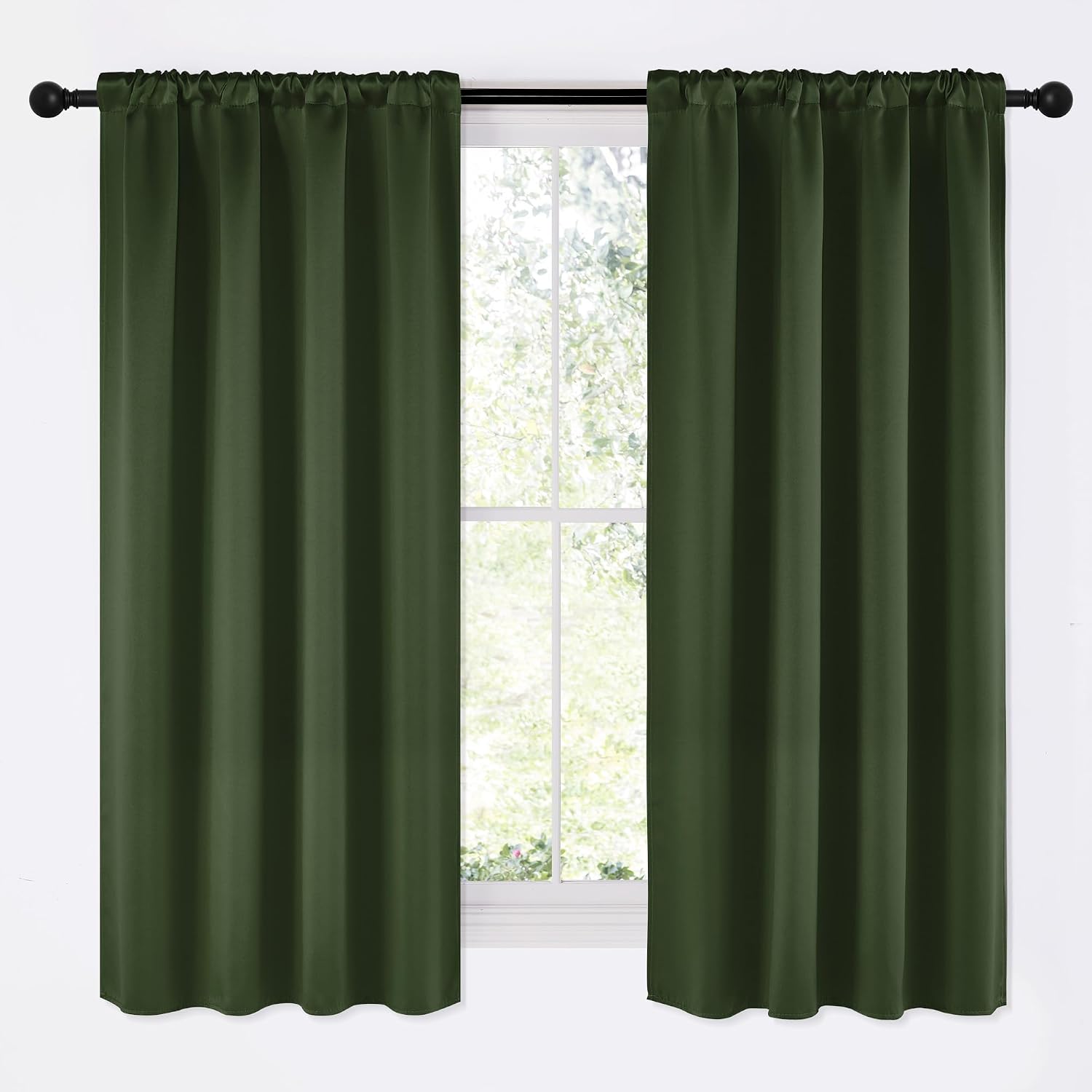 NICETOWN Dark Green Blackout Cafe Satin Curtains for Small Windows, 42" Wide by 63" Long, 2 Panels, Rod Pocket Noise Reducing Faux Silk…