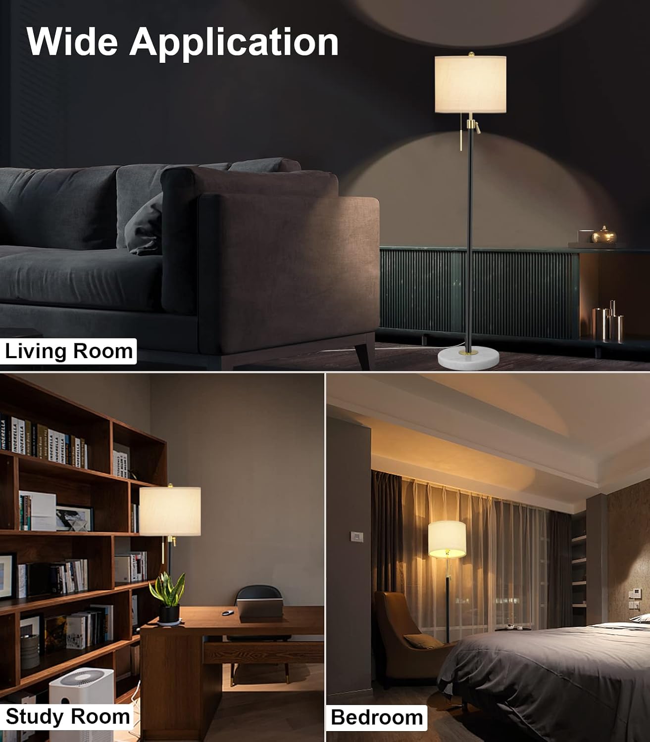 Qingmiao Floor Lamp for Living Room Adjustable Tall Standing Lamp, 3-Way Dimmable Floor Lamp for Bedroom Office, Black Gold Lamp with…