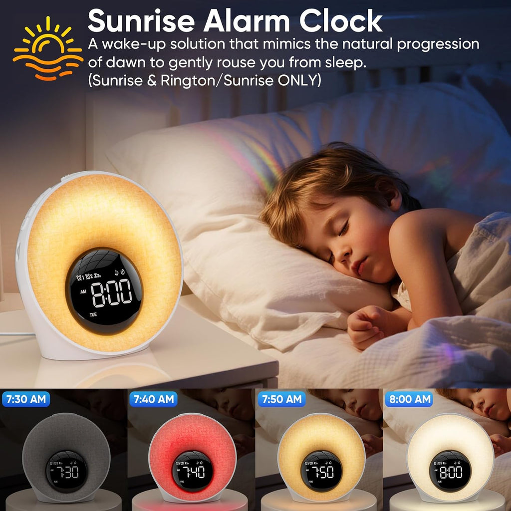 AFEXOA Sunrise Alarm Clock with Wake Up Light, White Noise Machine with 30 Soothing Sounds, 8 Color Dimmable Night Light, Dual Alarms for…