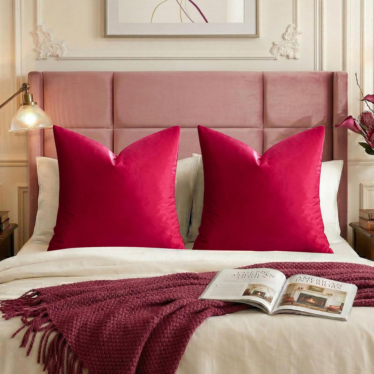 GIGIZAZAFocusingonhomedecoration GIGIZAZA Decorative Throw Pillow Covers 26x26, Set of 2 Red Square Couch Pillow Covers, Velvet Sofa Boho Cus…