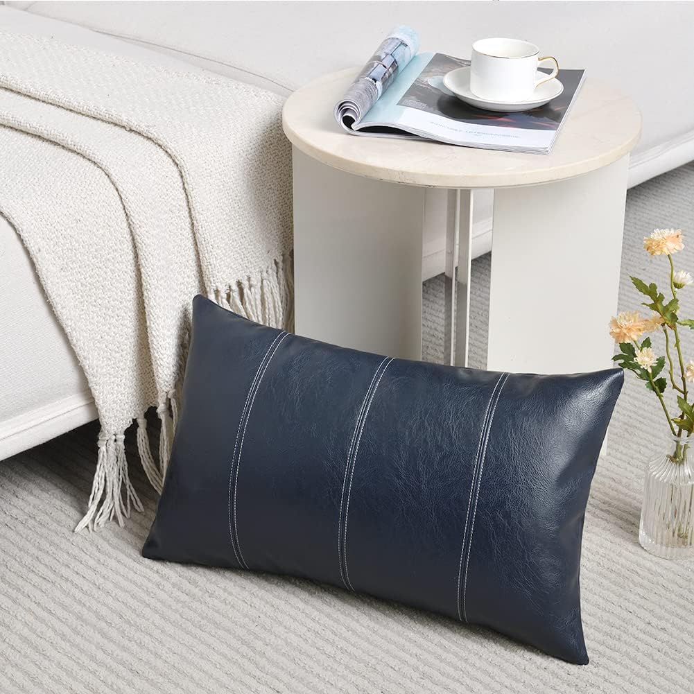 Fancy Homi Navy Blue Lumbar Waterproof Faux Leather Decorative Throw Pillow Covers 12x20 Inch for Outdoor Couch Bed, Modern Farmhouse…