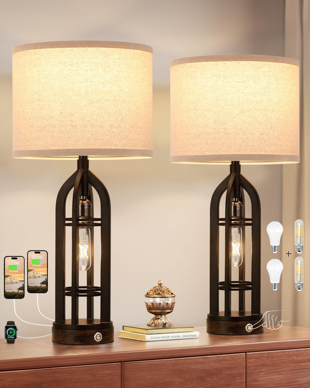 Seealle Table Lamps for Living Room Set of 2 - Black Bedside Lamp for Bedroom with USB C+A & Outlet, Farmhouse Lamps for Night Stands…