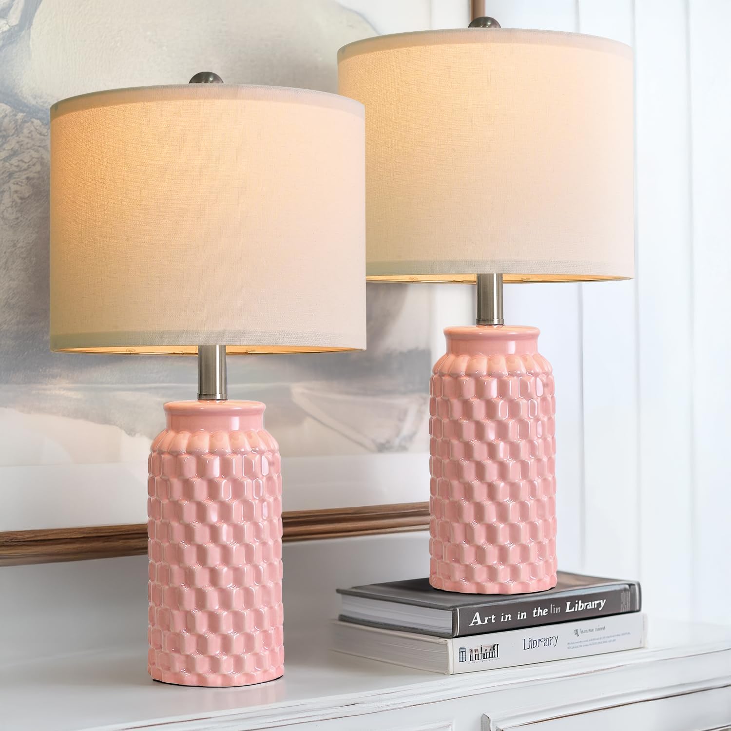 USumkky 20.5" Pink Table Lamps Set of 2, Modern Farmhouse Bedside Lamps - Ceramic Nightstand Lamps for Bedroom, Boho Living Room End…