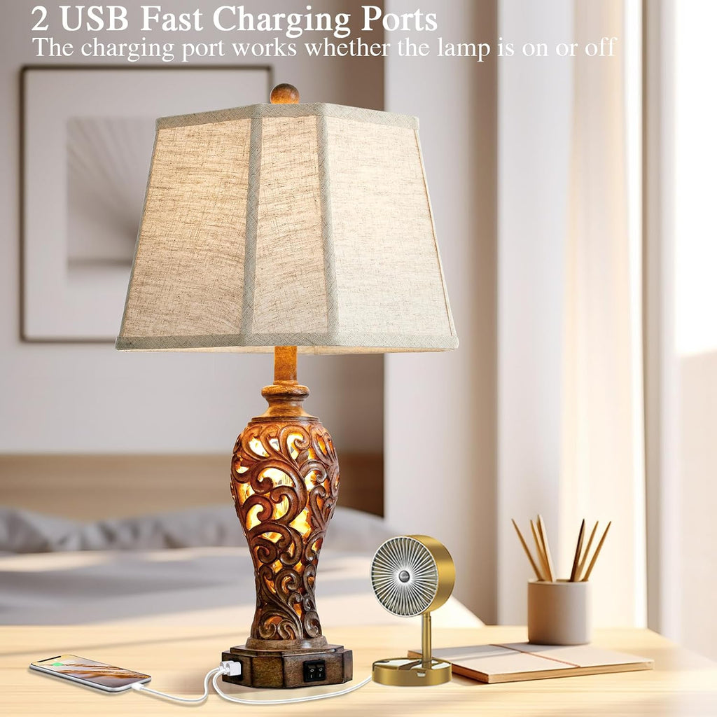 Set of 2 Rustic Table Lamps for Living Room Bedroom, 2 USB Ports 25'' Vintage Farmhouse Desk Lamp with Nightlight, Brown Hollow Out Resin…