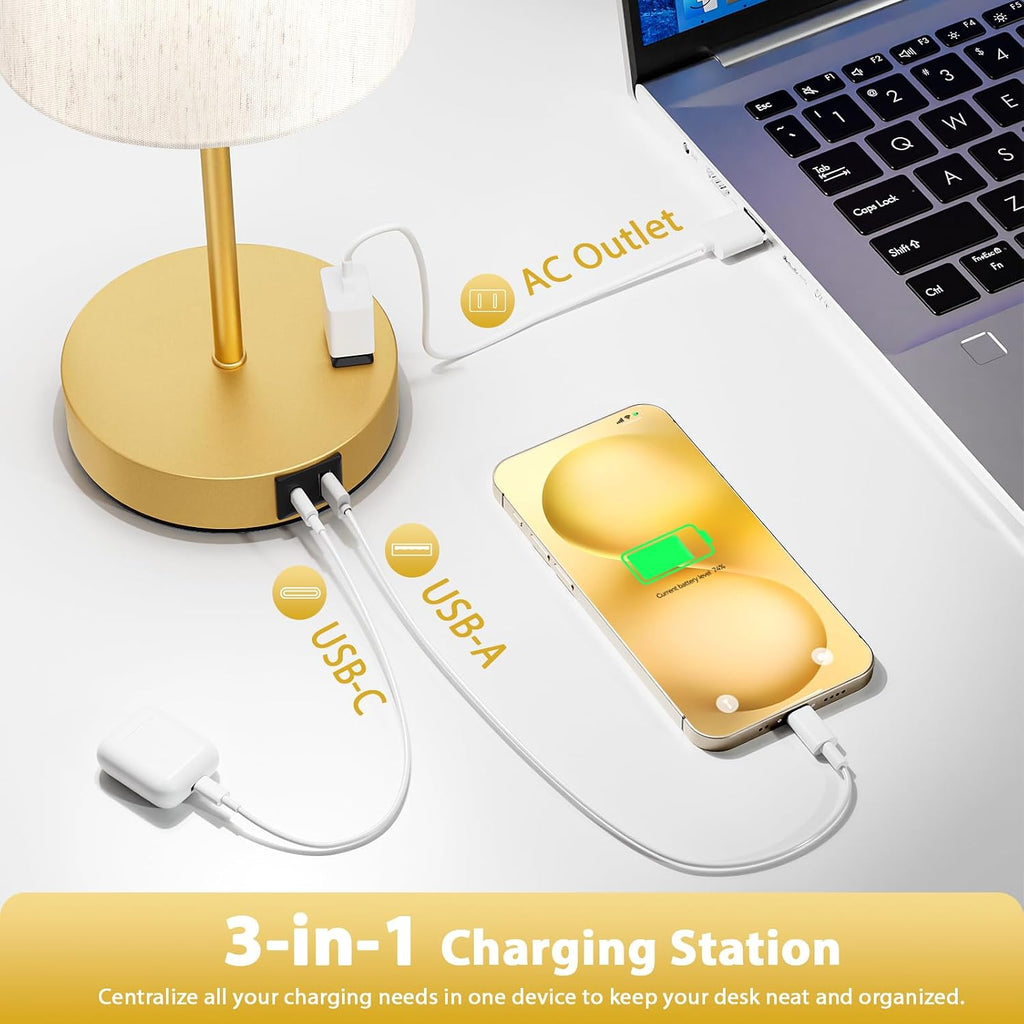 Fenmzeelighting Gold Touch Lamps for Nightstand Set of 2 - Bedside Table Lamp for Bedroom with Dual USB Ports & AC Outlet, 3-Way Dimmable L…