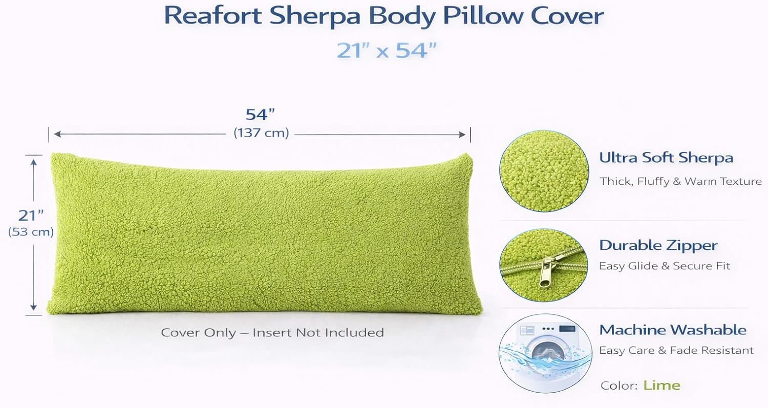 Reafort Sherpa Body Pillow Cover 21" x 54", Plush Fleece Long Body Pillowcase with Zipper Closure, Ultra Soft Fluffy Cozy Decorative…