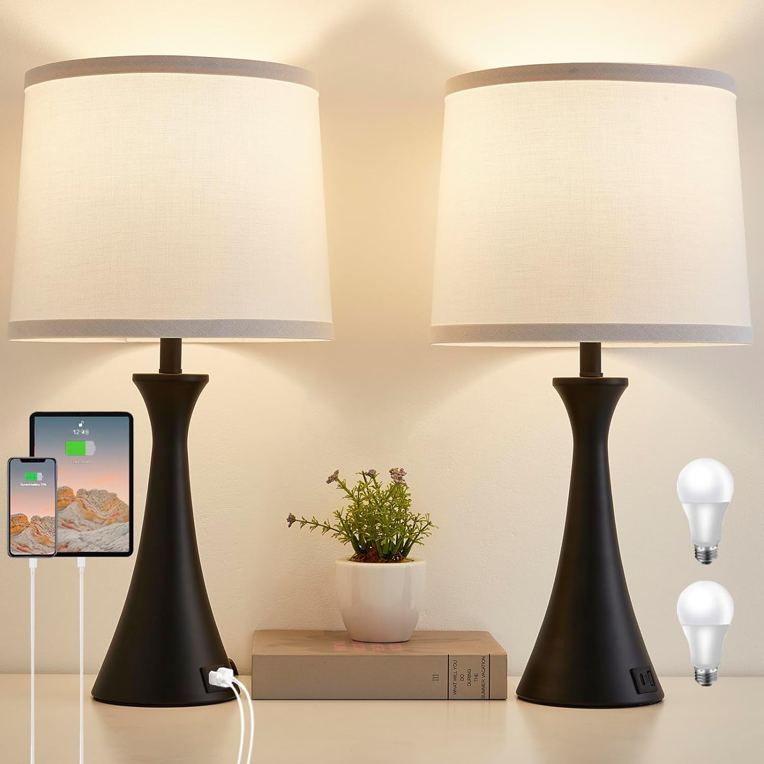 Touch Lamp for Living Room Bedroom, 21" Table Lamps Set of 2 with USB C+A Ports and White Lamp Shades, Touch Bedside Lamps for Nightstand…