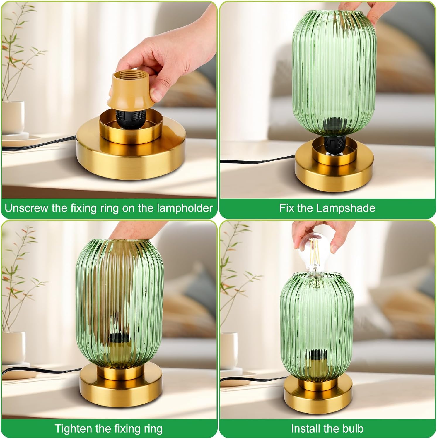 Mid Century Modern Table Lamp, Touch Control & 3 Way Dimmable, Green Ribbed Glass Shade, Small Gold, Vintage Bedside Lamp for Bedroom…