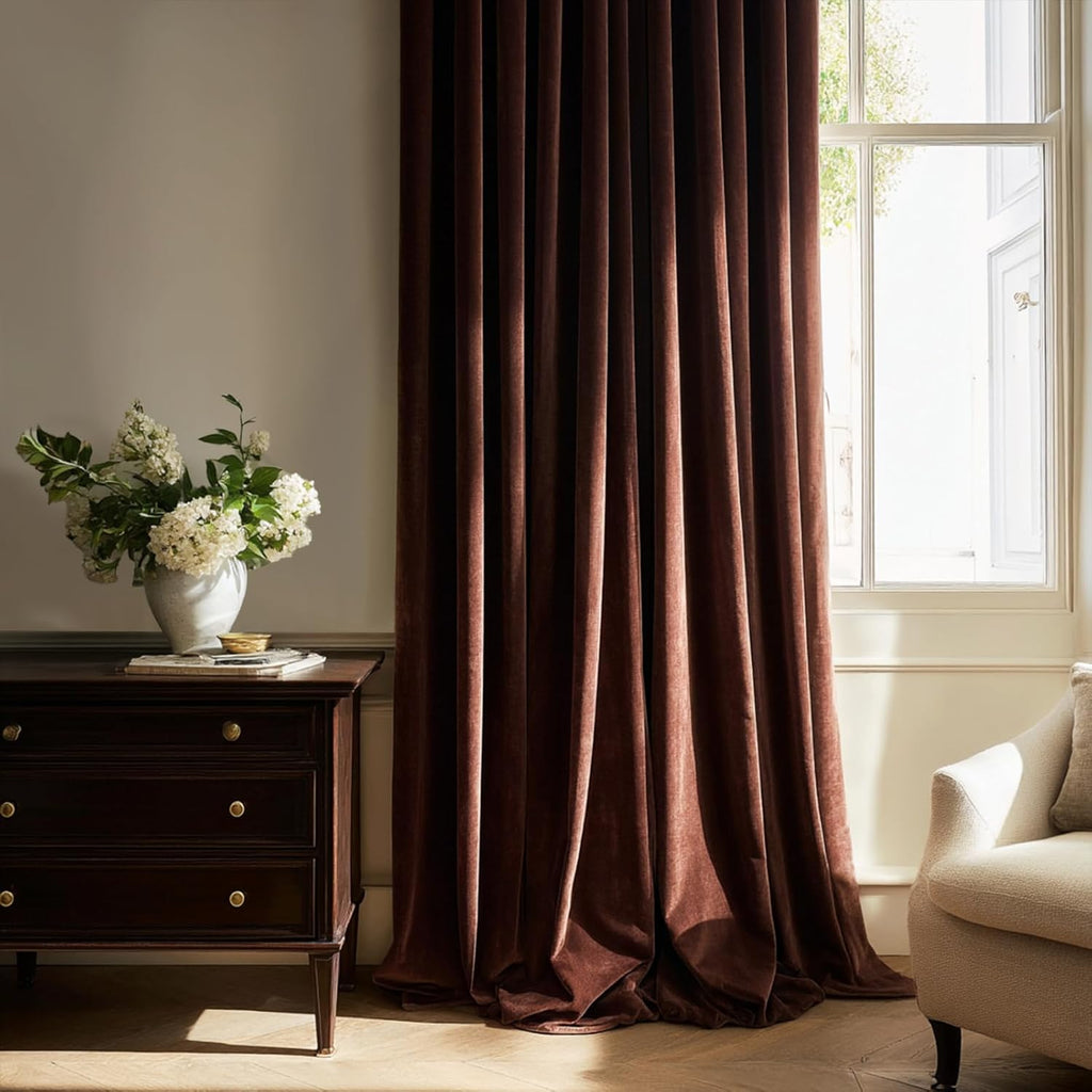 Drapenova 96 inches Long Brown Velvet Blackout Curtains for Living Room Bedroom Tan Luxury Vintage Room Darkening Thermal Insulated…