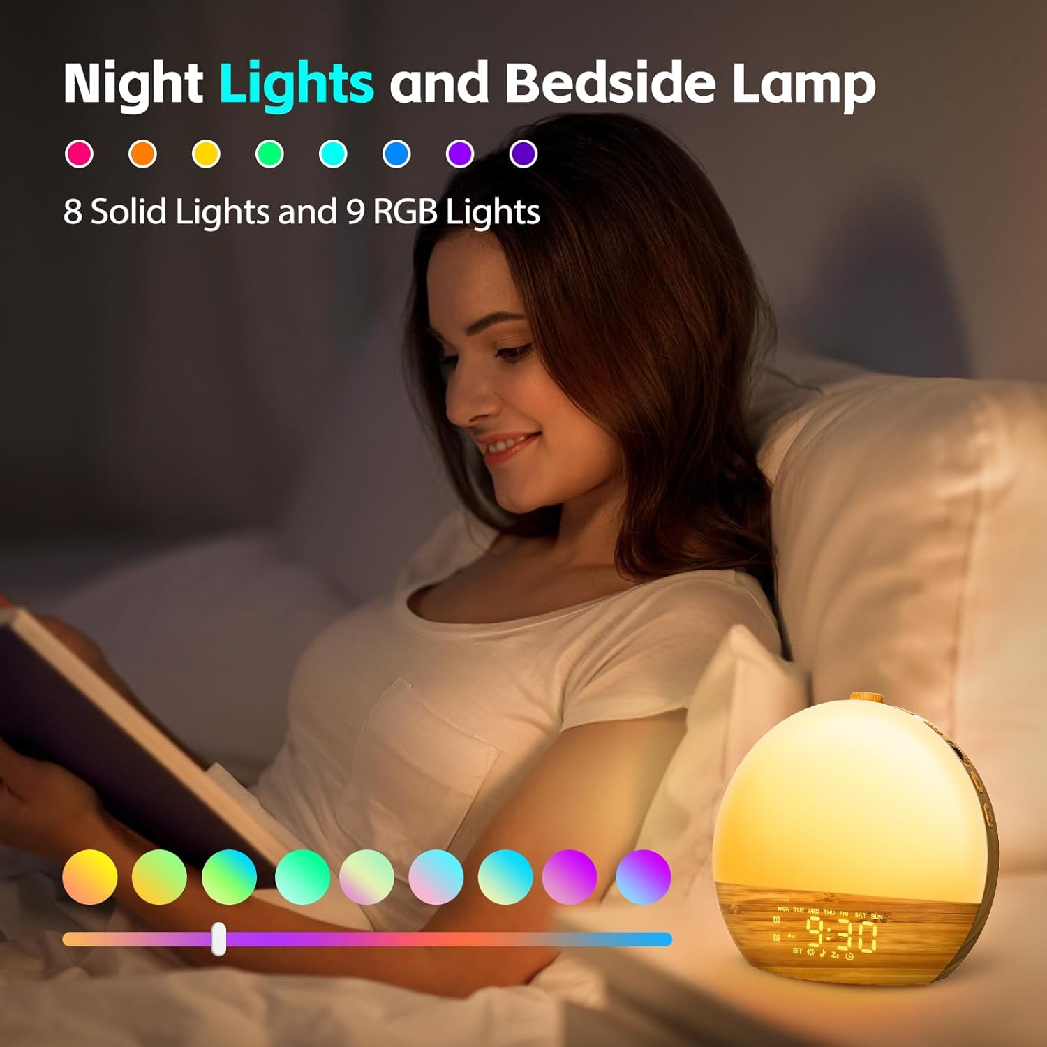 Geuuap Wood Grain White Noise Sound Machine Sunrise Alarm Clock with 25 Soothing Sounds, 17 Dimmable Night Lights, Bluetooth Speaker Wake…