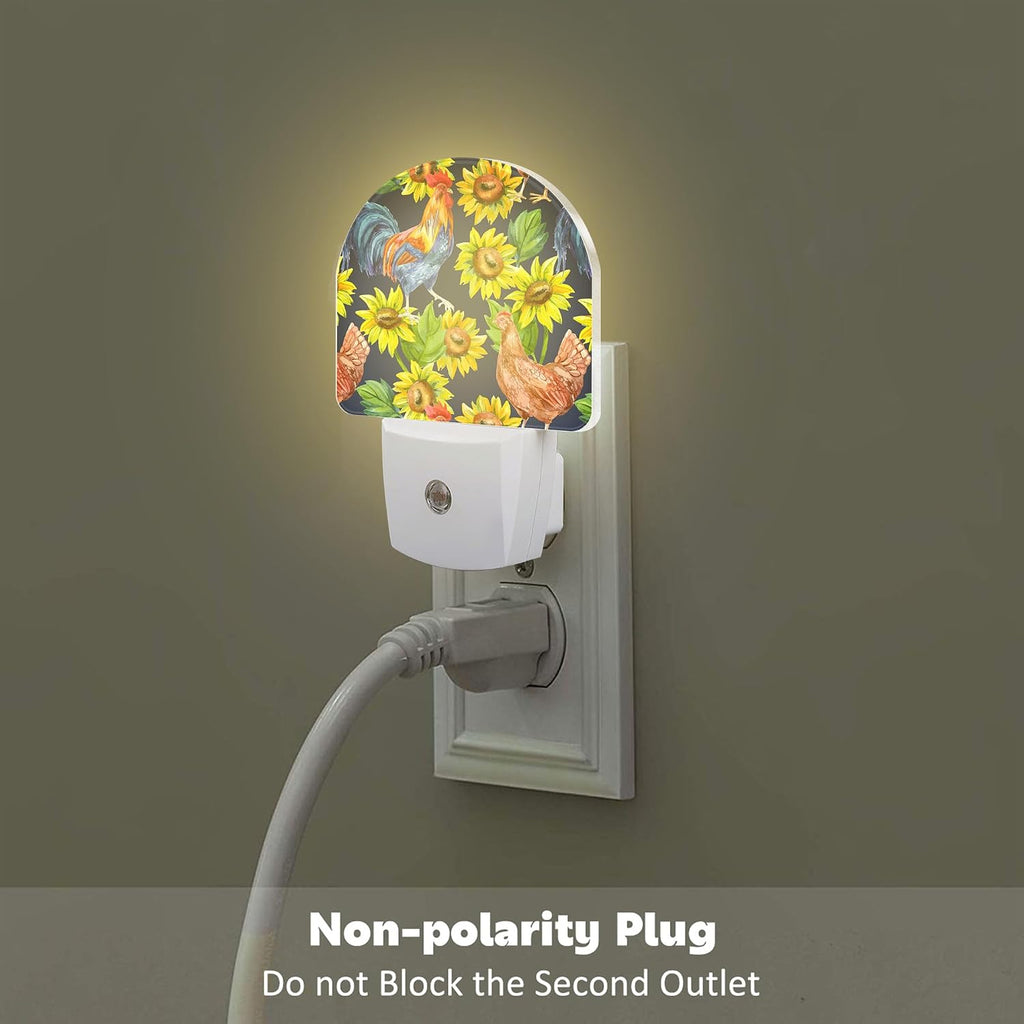Vintage Hen Rooster with Sunflowers Night Light, Watercolor Farm Animals Floral Dusk to Dawn Night Light Plug in,0.5w Energy Saving Sleep…