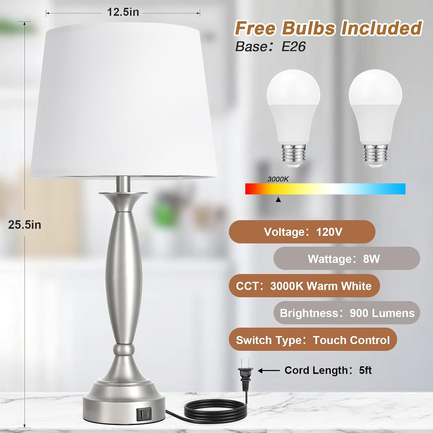 Seealle 25.5" White Lamps for Bedrooms Set of 2 - Touch Control Bedside Lamp with USB C+A, 3 Way Dimmable Nightstand Lamps with USB Port…