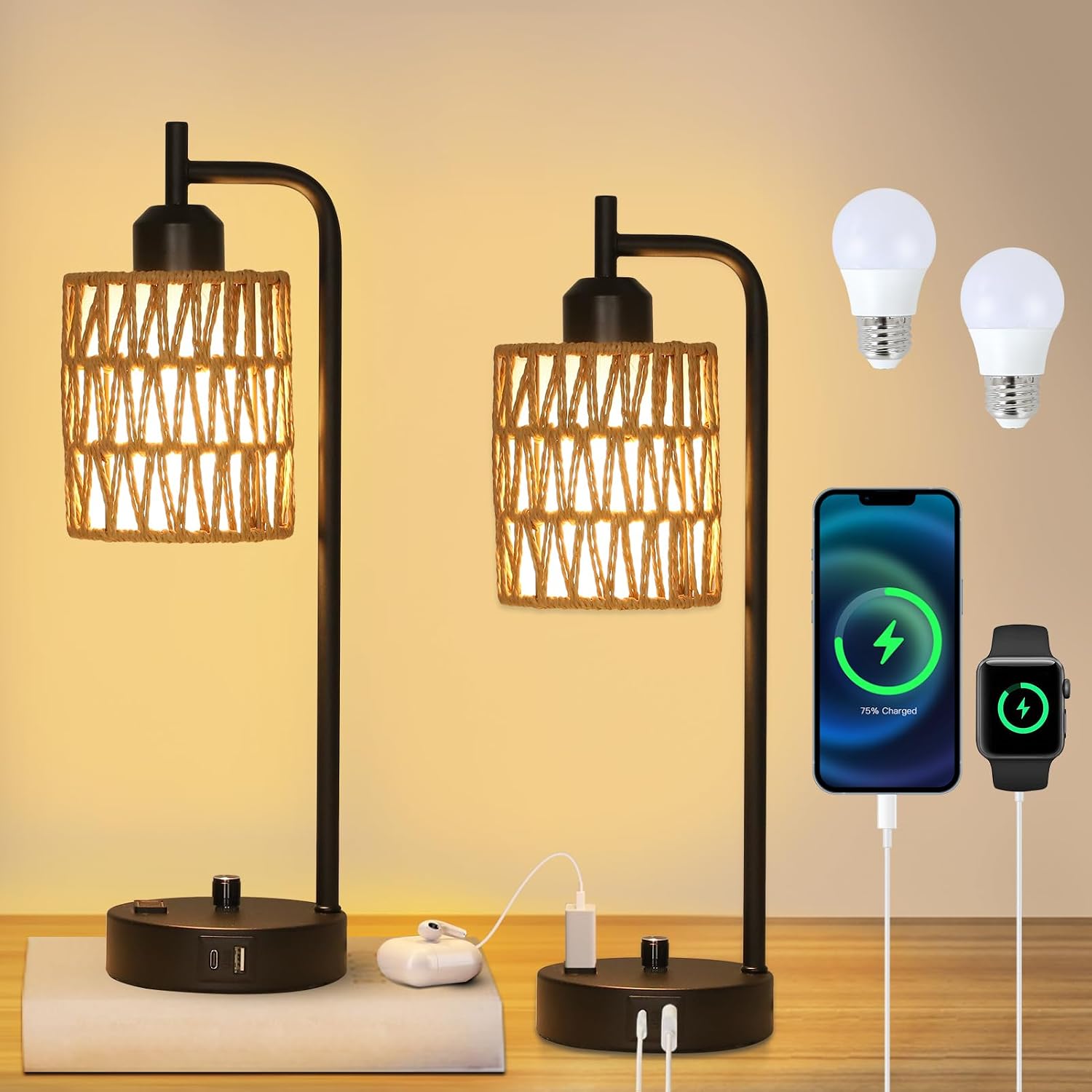 Rattan Table Lamps for Living Room Set of 2, Boho Bedside Lamps with LED Bulbs, USB Charging Ports and Outlet, Farmhouse Nightstand Lamp…