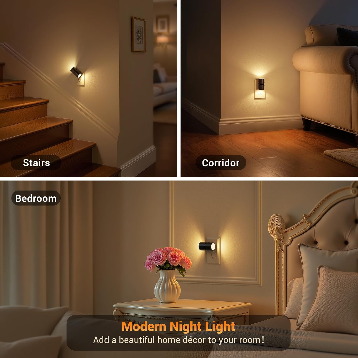 JandCase Motion Night Light, Rotating Night Lights Plug into Wall, 3 Colors 3000K-5000K-Amber, Dusk to Dawn & Motion Sensor, 3 Level…