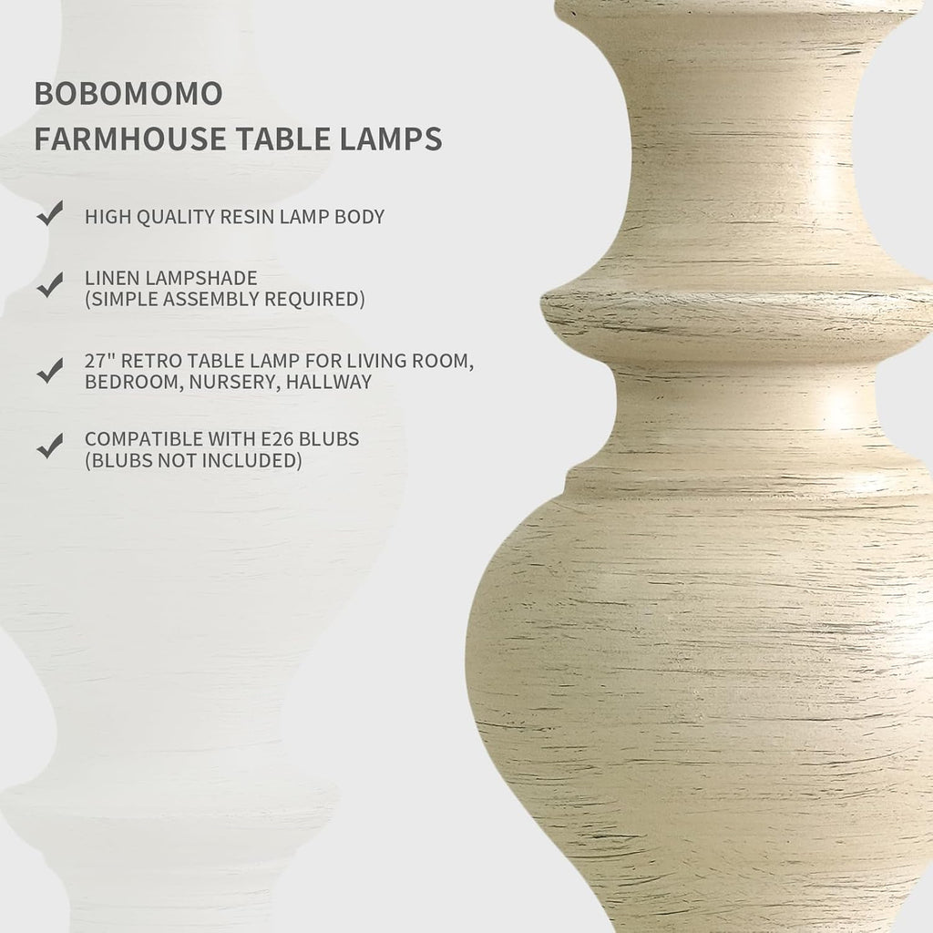 BOBOMOMO 27" Antique White Table Lamps Set of 2, Large Vintage Resin Lamps with Linen Shades, Farmhouse White Lamps for Bedroom, Living…
