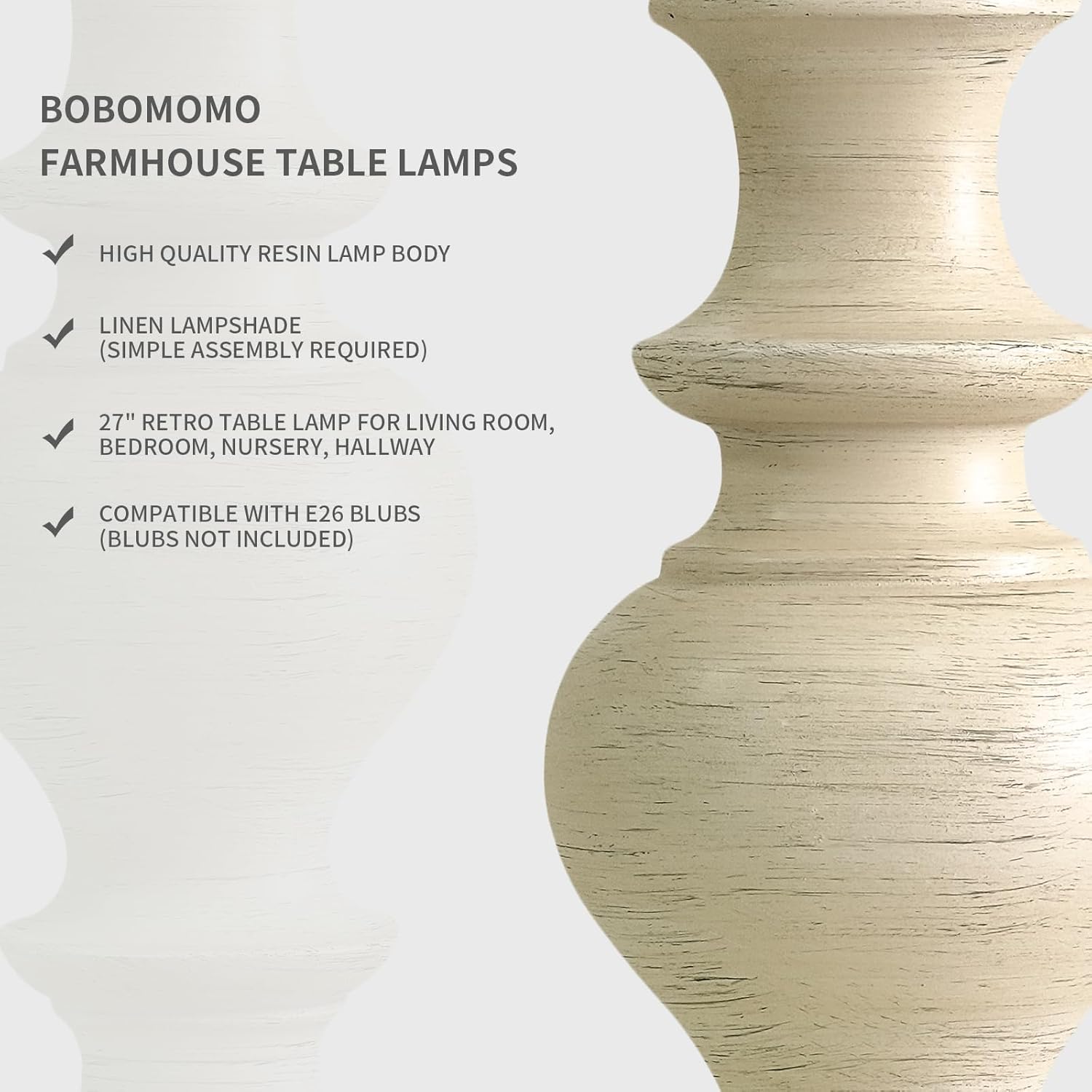 BOBOMOMO 27" Antique White Table Lamps Set of 2, Large Vintage Resin Lamps with Linen Shades, Farmhouse White Lamps for Bedroom, Living…