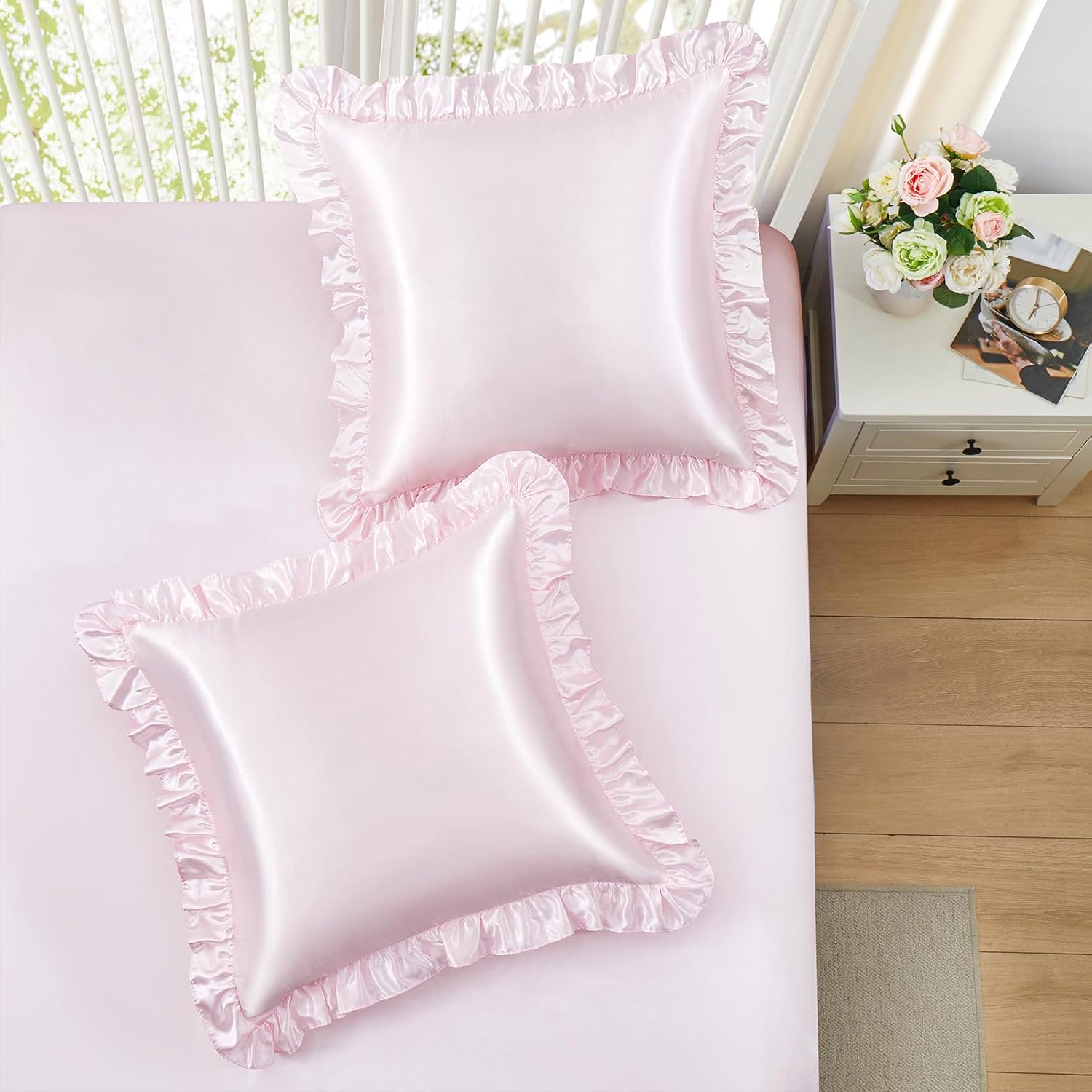 Homiest Ruffle Euro Sham Covers 26x26 Inch Set of 2, Blush Pink Satin Pillow Shams with 3 Inch Wide Decorative Ruffled, European Square…