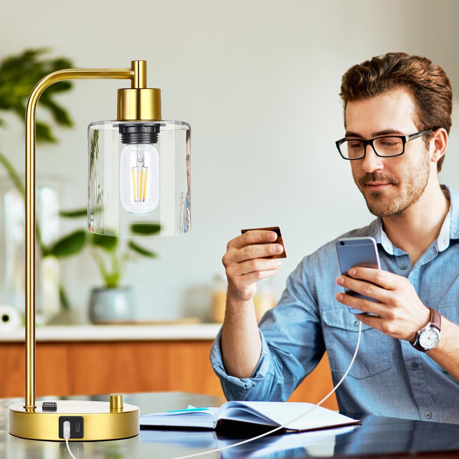 Gold Industrial Table Lamp with USB A+C Ports & Outlet, Fully Stepless Dimmable Modern Nightstand Lamp, Glass Shade Bedside Desk Lamp for…