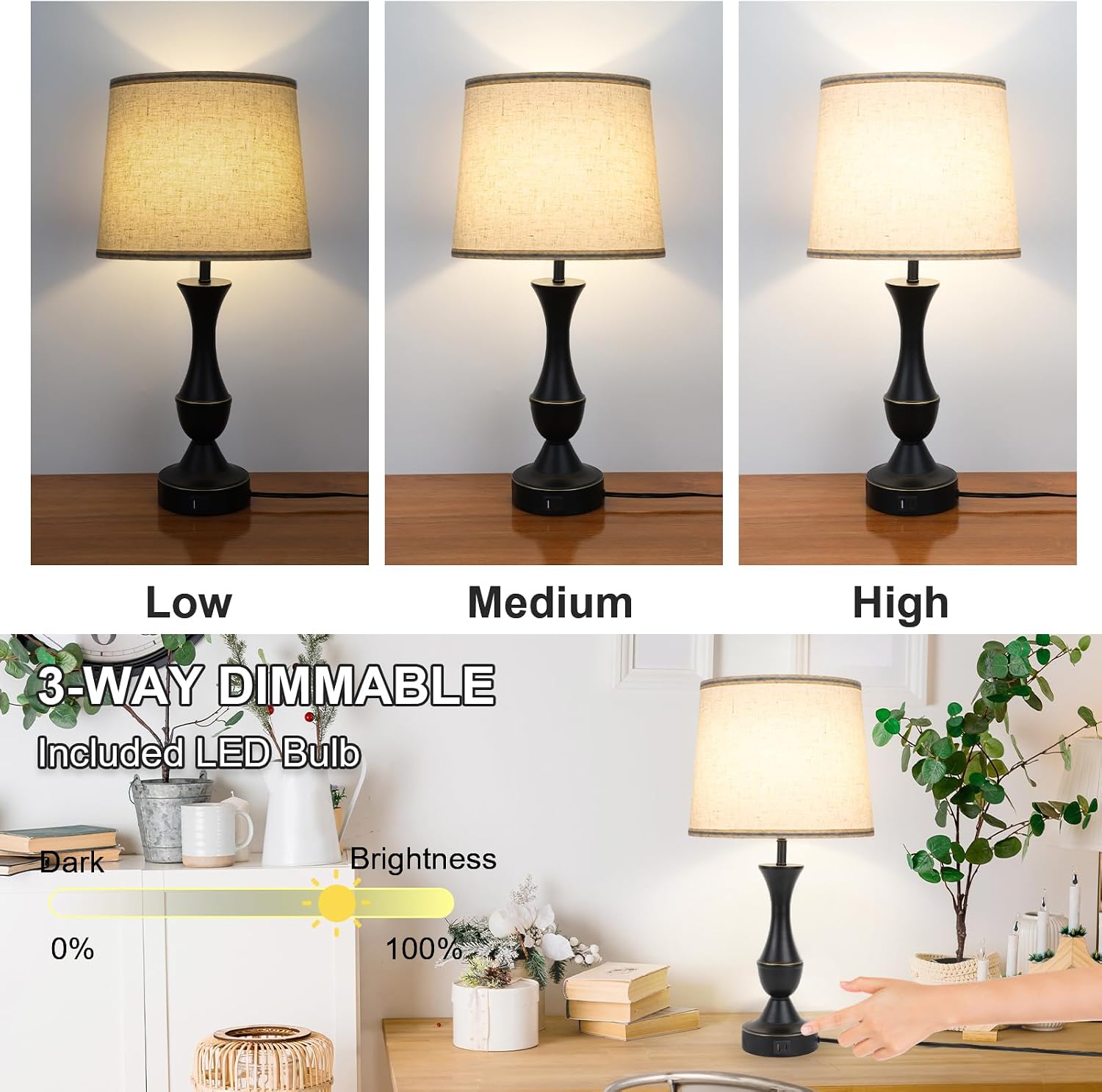 LALISU Touch Lamps for Bedrooms Set of 2, Farmhouse Table Lamp with USB C Charging Port, 3 Way Dimmable Nightstand Lamps with Linen…