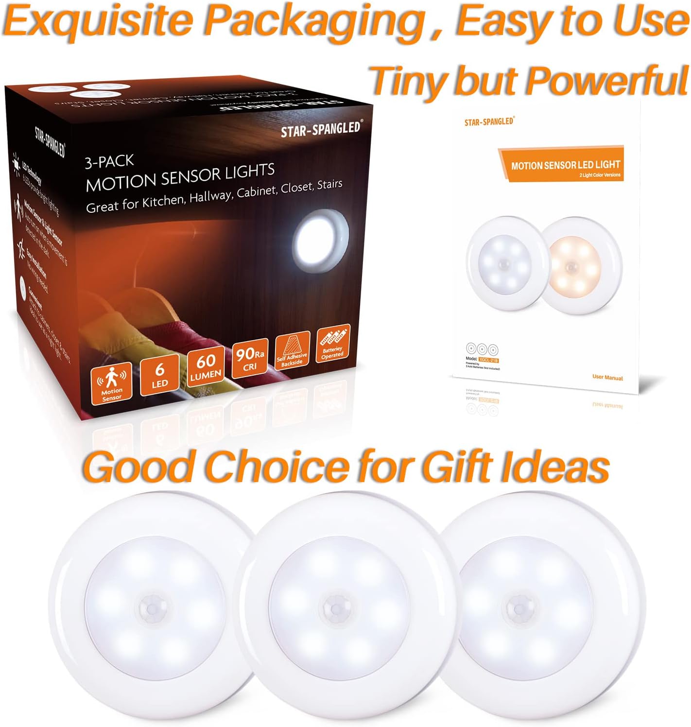 STAR-SPANGLED 3 Pack 2.8” Motion Sensor Lights Indoor AAA Battery Operated, Stick on LED Puck Light for Stairs, Under Cabinet, Closet…