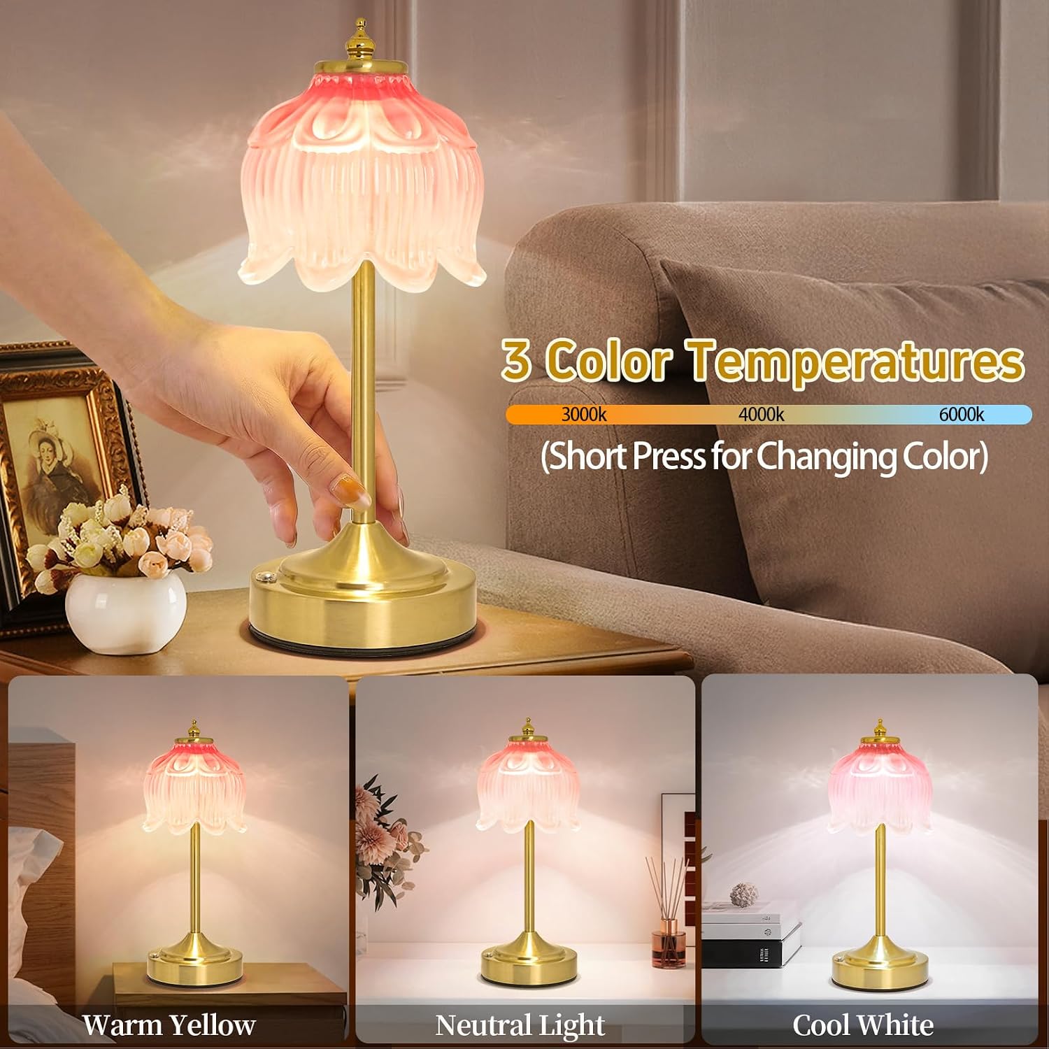 Crkwos Cordless Lotus Flower Table Lamp, 5200mAh Rechargeable Battery Operated Portable Lamp, 3-Color Dimmable Touch Control Small D…