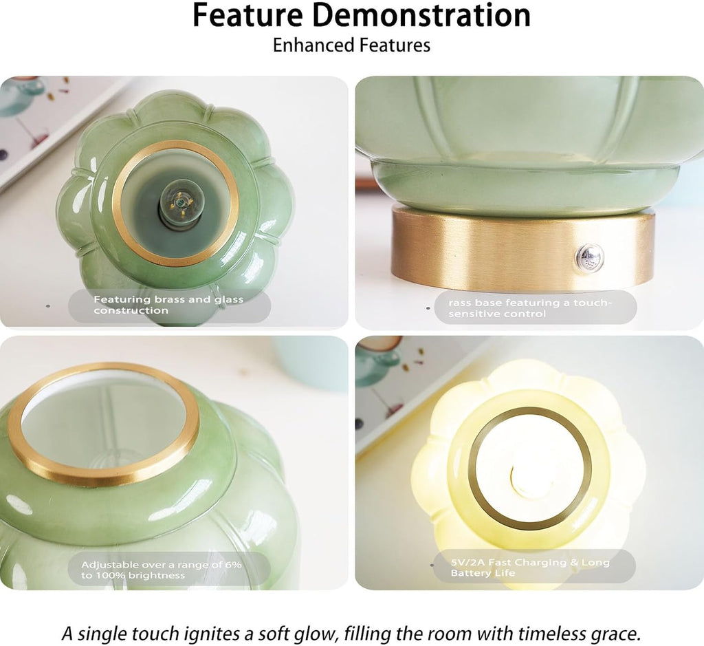Vintage Green Mushroom Table Lamp, Cordless Rechargeable Touch Dimmable Lamp, Brass Base with Jadeite Glass Shade for Living Room…