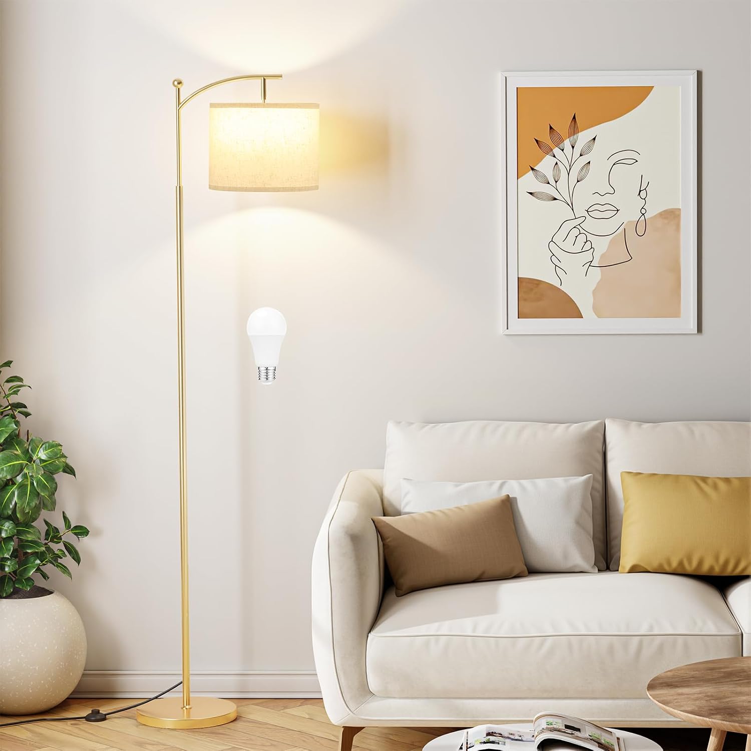 Ambimall 60" Floor Lamp with 3 Color Temperatures, Adjustable Beige Shade, Gold Pole - Tall Lamp for Living Room, Bedroom, Office…