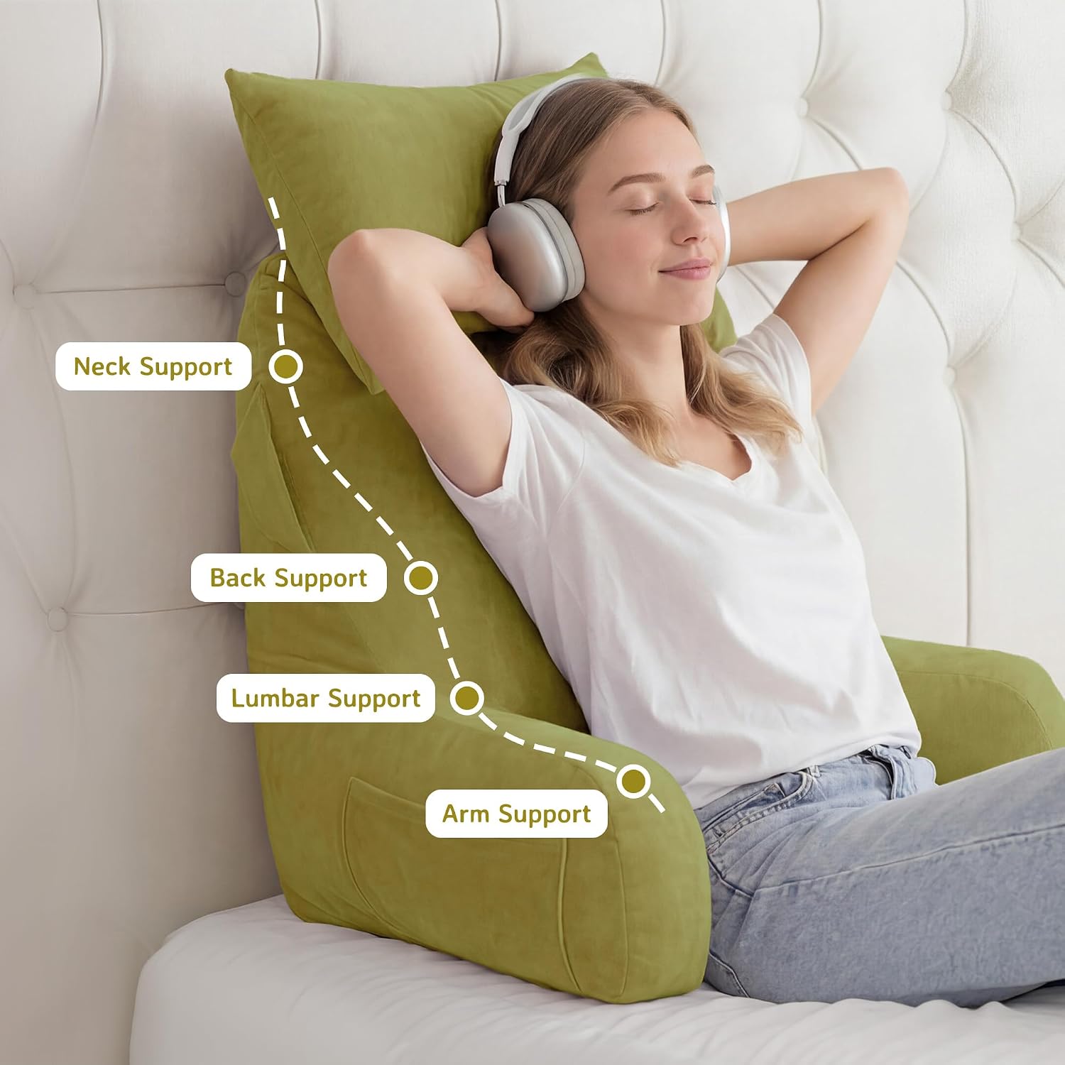 Unisakey Portable Reading Pillows with Headrest for Bed Sitting Up(Pale Green Oeko-Tex), Velvet Back Pillow with Arms & Pockets for…
