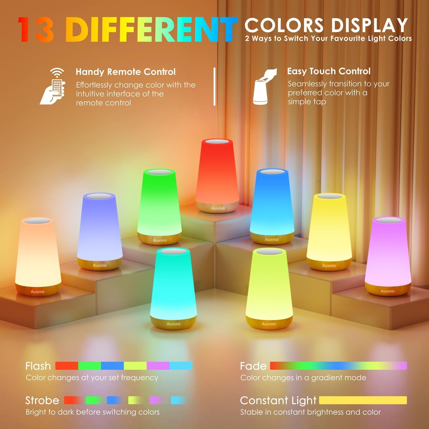 Auxmir Rechargeable LED Night Light, Touch & Remote Control Bedside Lamp with 13 Colors, 5 Brightness Levels, Portable Table Lamp for…