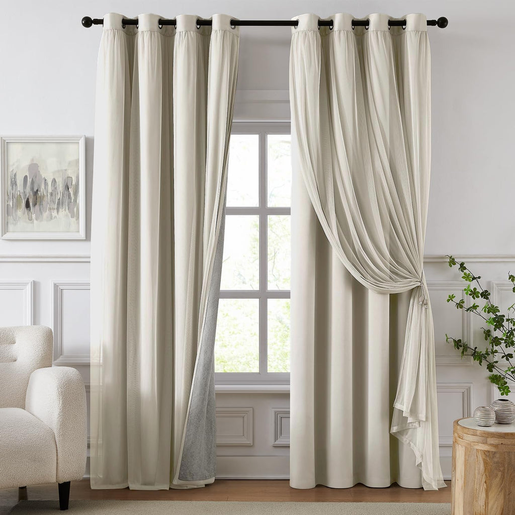 Swandream 100% Blackout Curtains for Bedroom, Double Layer Ivory Curtains, Black Out Curtain 96 inch Long with Sheer Overlay for Living Roo…