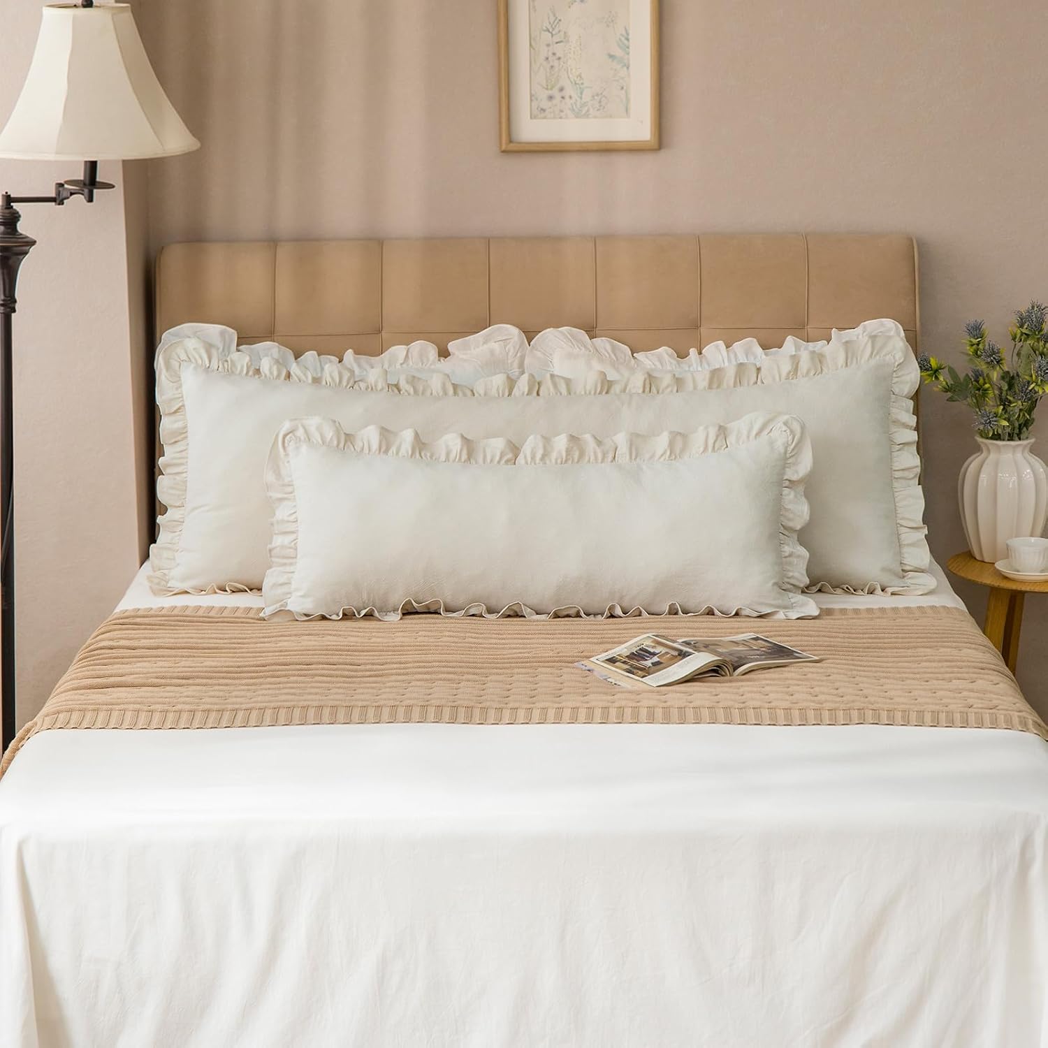 GLORY SEASON Pillow Shams Set of 2 Washed 100% Cotton Retro Ruffle Flounces Trim Solid Beige Decorative Pillow Cases for Home Bedroom…