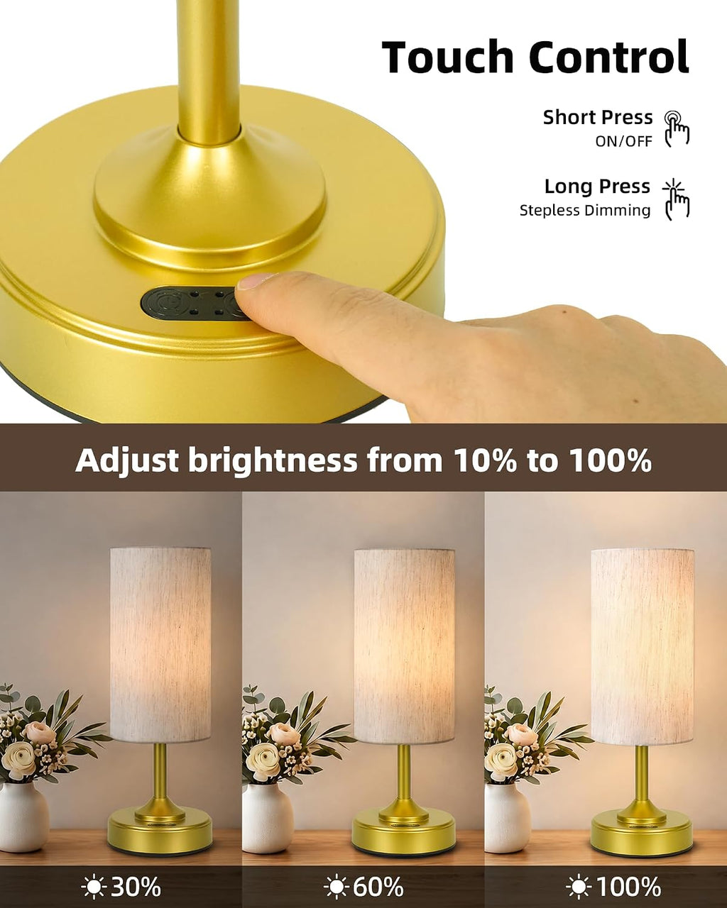 EZVALO Battery Lamp, Dimmable, Ambient Light, Gold-Toned, 2700K, Timer, Touch Control, Portable, LED, Battery Operated, Rechargeable…