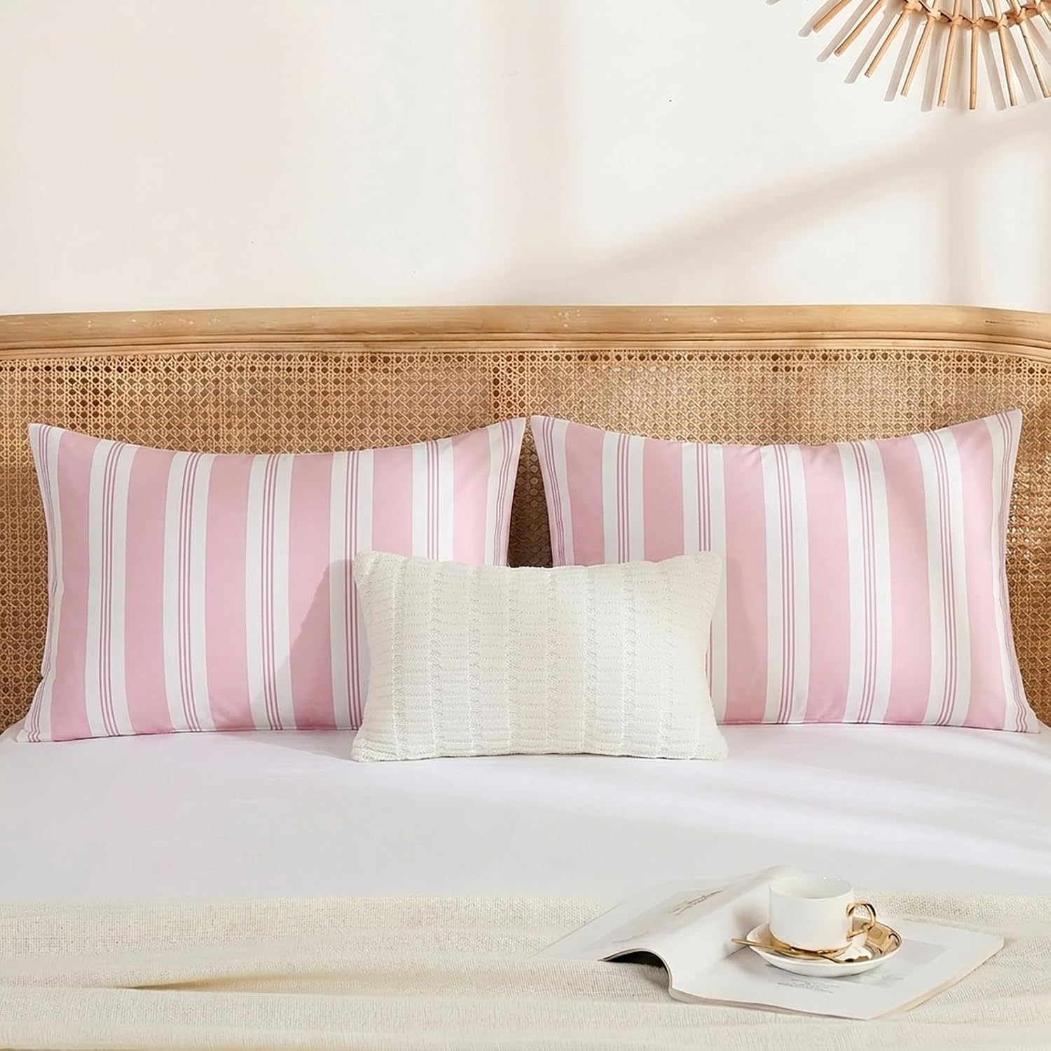 Merryword Pink Striped Pillowcases, 100% Cotton Pillow Cases, Standard Size Pillowcases, Luxury Linen Like Pillowcase, Soft Breathable Stri…