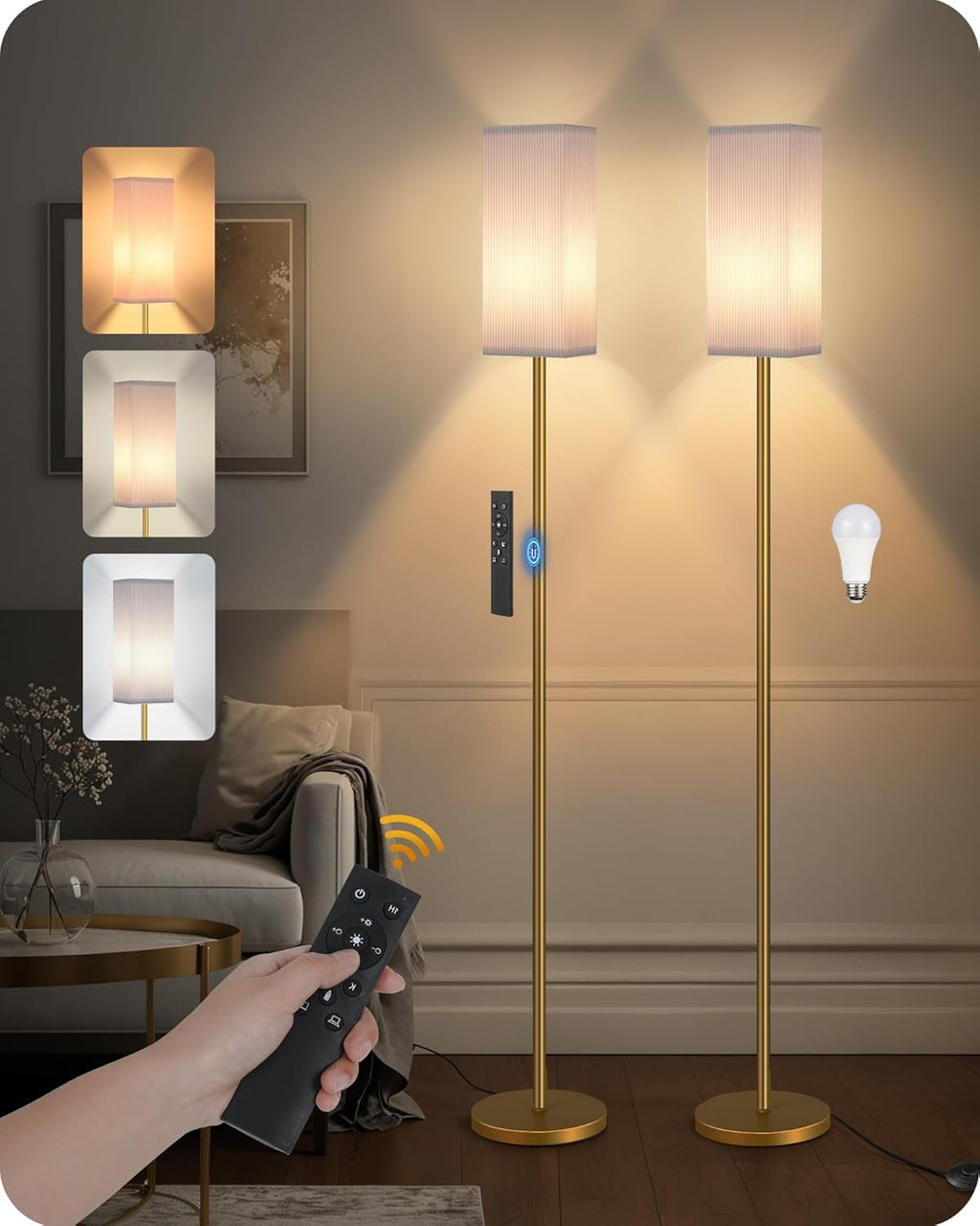 2Pack 64.2” Dimmable Floor Lamp for Living Room with Remote & Foot Switch, Corner Floor Lamp for Bedroom, Includes A19 Bulb, Modern…